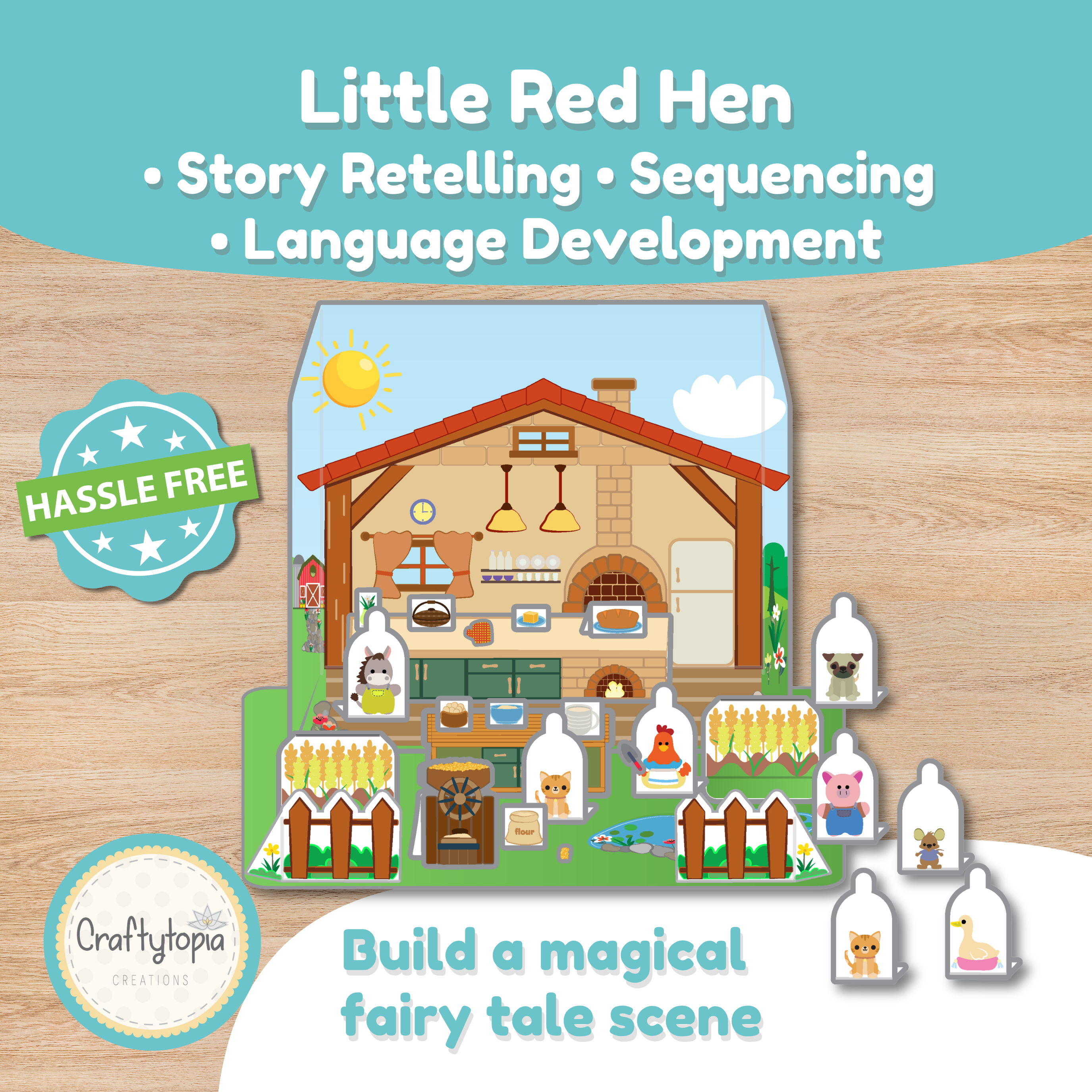 Little Red Hen Puppet Theater Printable | Story Retelling, Sequencing & Dramatic Play Activity for Preschool & Kindergarten Craftytopia.com