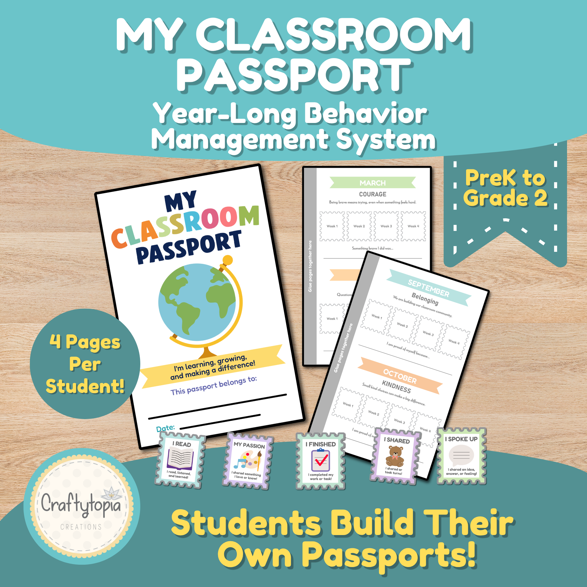 My Classroom Passport printable classroom management system for PreK through 2nd grade, featuring a student passport cover, monthly stamp pages, positive behavior reward stamps, and “4 pages per student” low-prep classroom resource.
