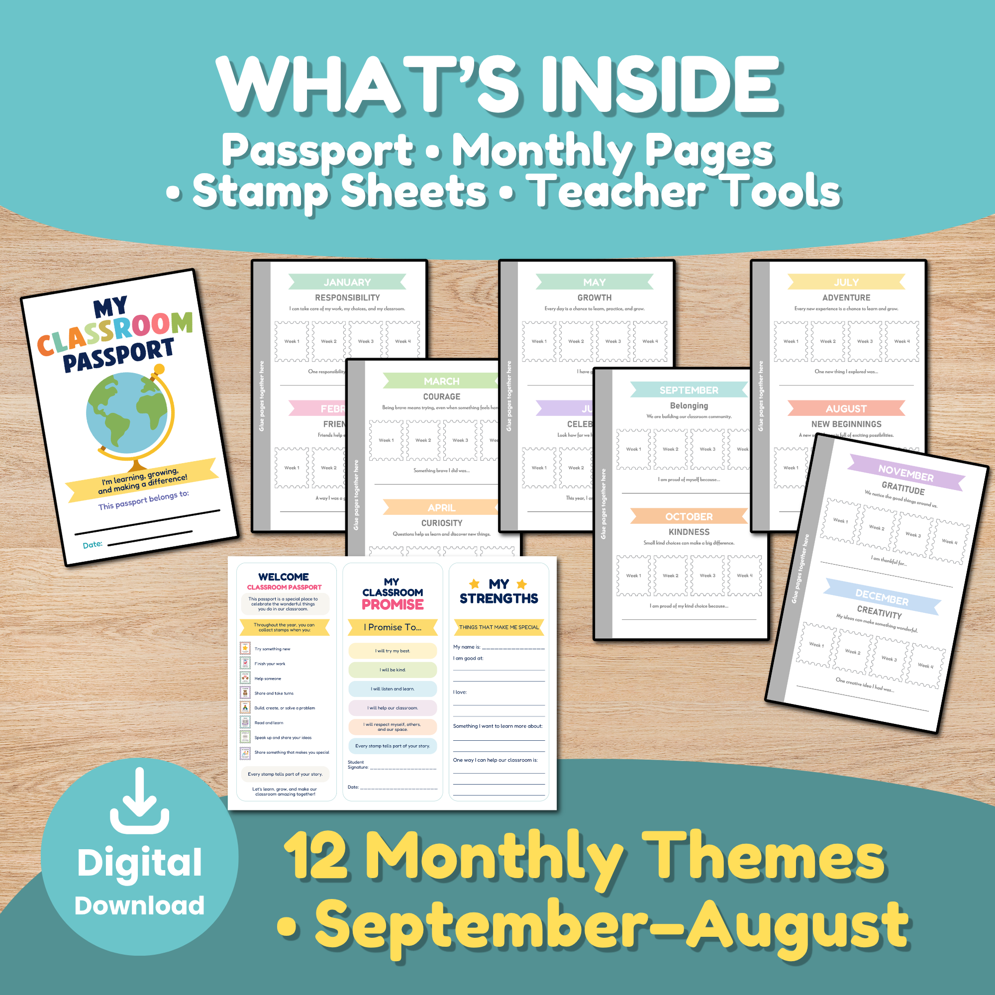 Classroom Passport printable kit showing passport cover, 12 monthly behavior management pages, positive reinforcement stamp sheets, teacher tools, and SEL classroom activities for PreK, Kindergarten, 1st grade, and 2nd grade.