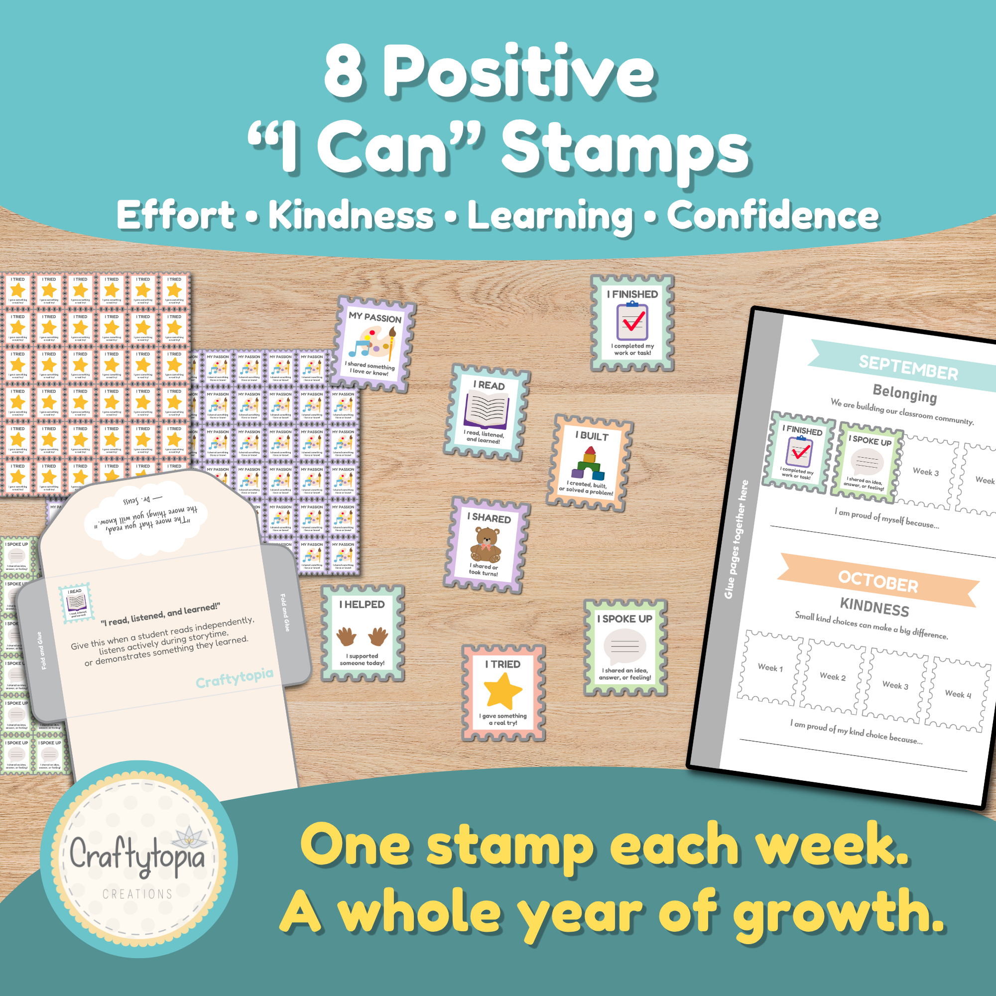 Eight positive “I Can” classroom reward stamps for students: I Tried, I Finished, I Helped, I Shared, I Built, I Read, I Spoke Up, and My Passion; printable SEL and positive behavior management system for elementary classrooms.