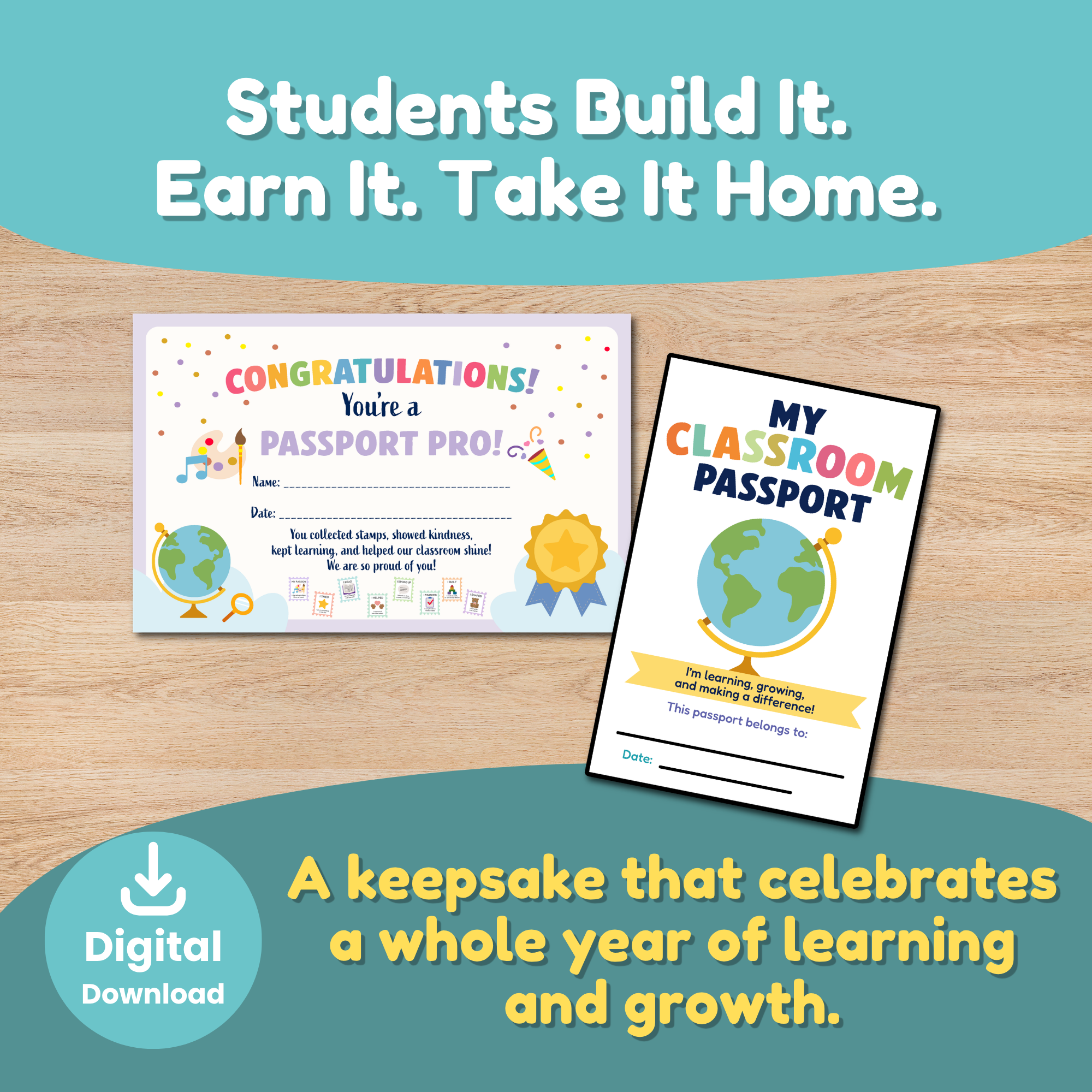 Student-built Classroom Passport keepsake with printable monthly pages, positive behavior stamps, and Passport Pro certificate for a year-long classroom management, social-emotional learning, and back-to-school activity.
