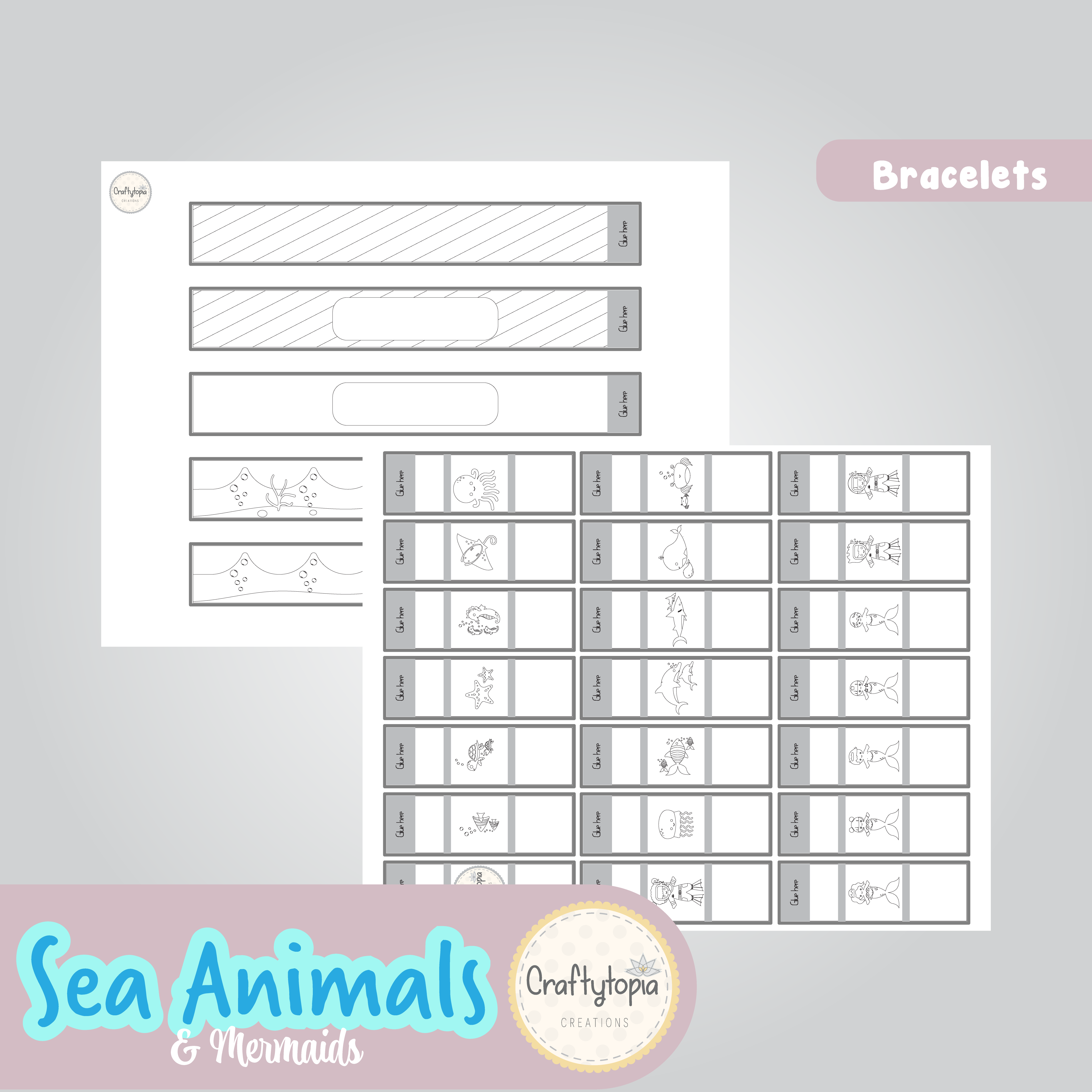 Printable Sea Animals and Mermaids Bracelets Kids Activity for coloring