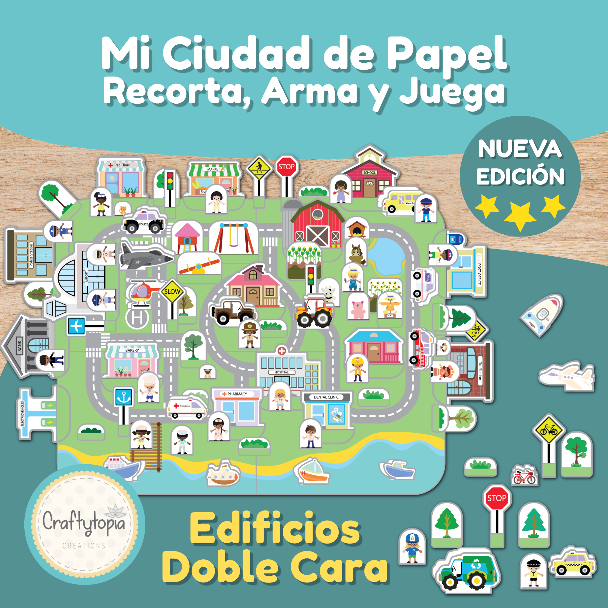 Mi ciudad de papel imprimible 3D edificios doble cara manualidades para niños