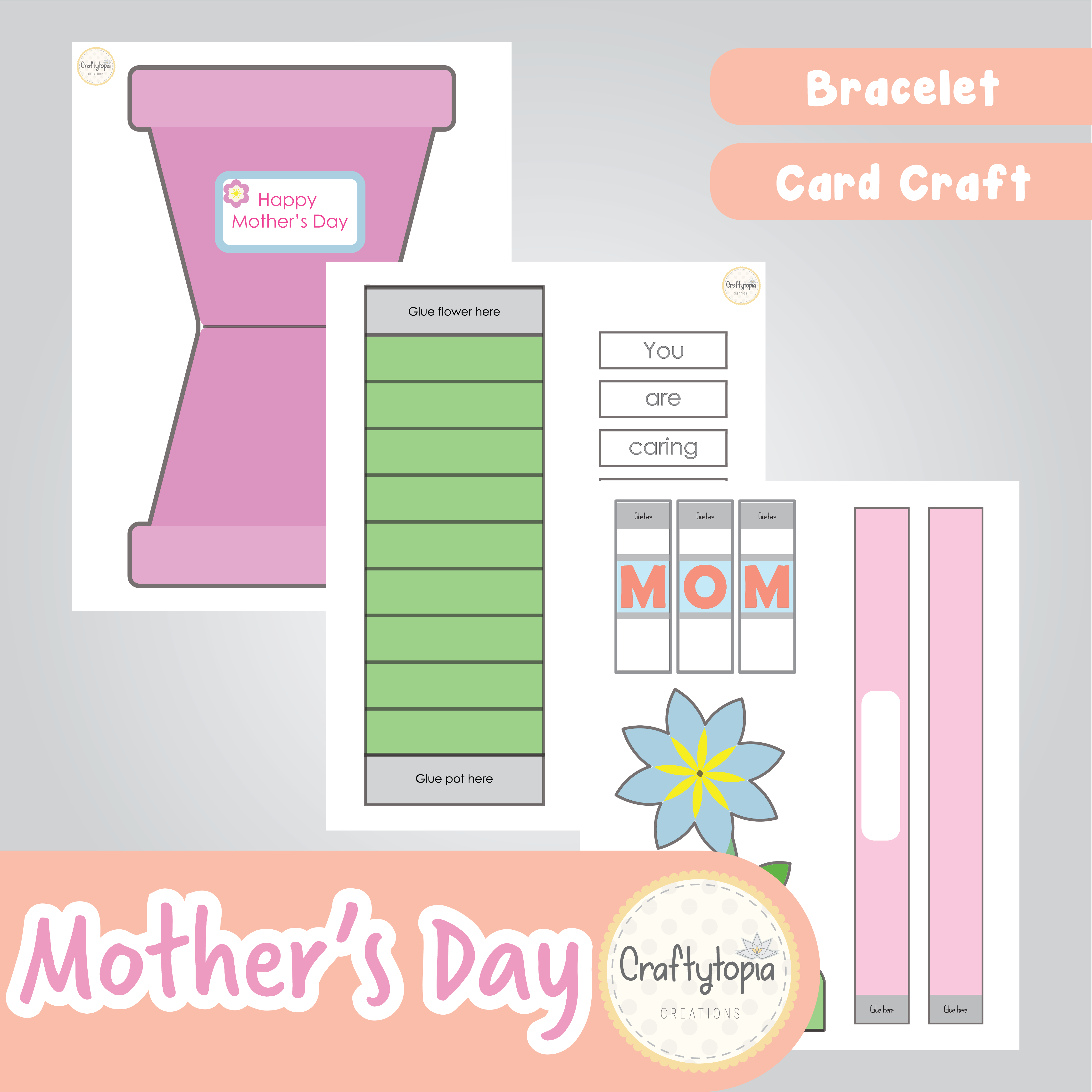 Printable Mother's Day Flower Card and Bracelet Kids Activity in color