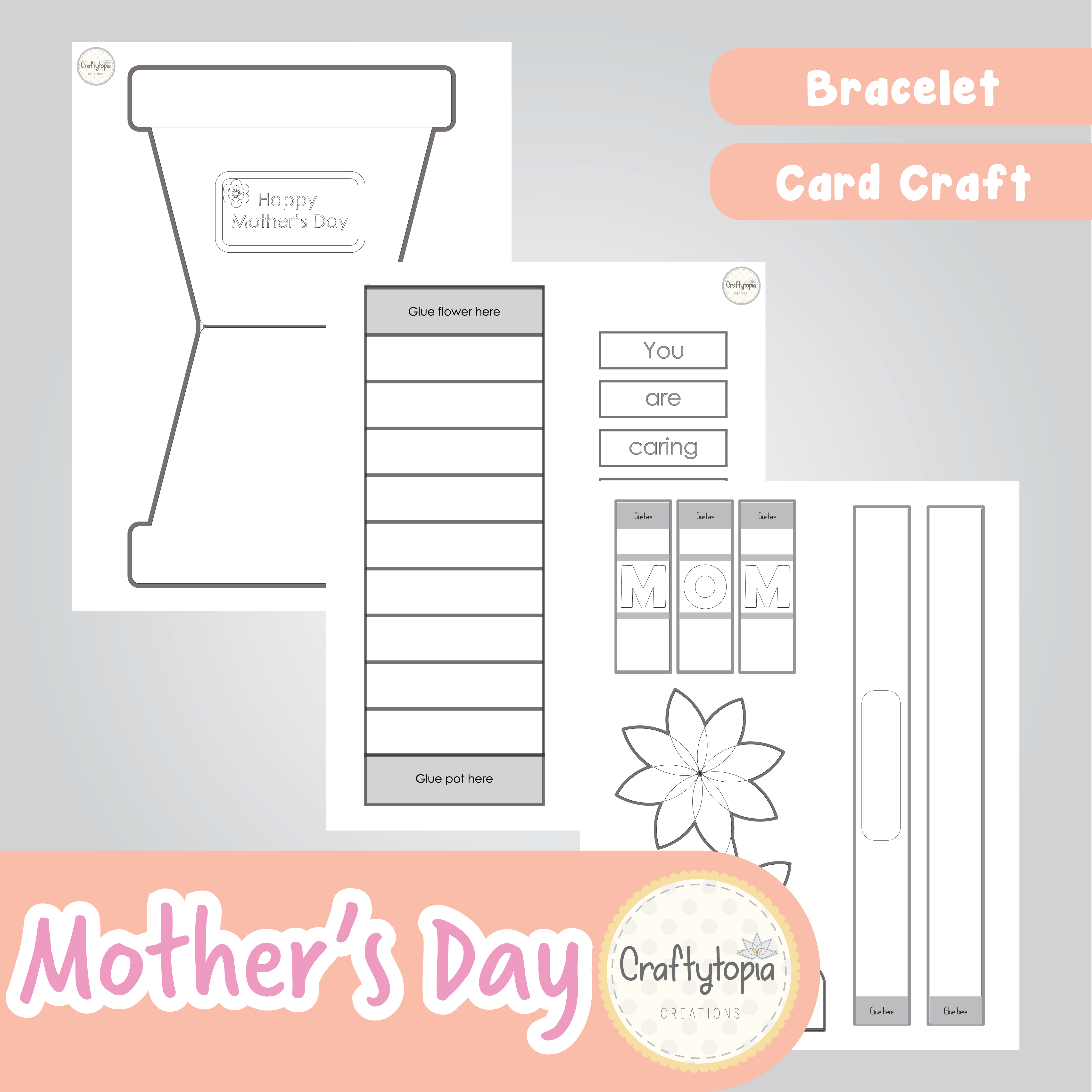Printable Mother's Day Flower Card and Bracelet Kids Activity for coloring