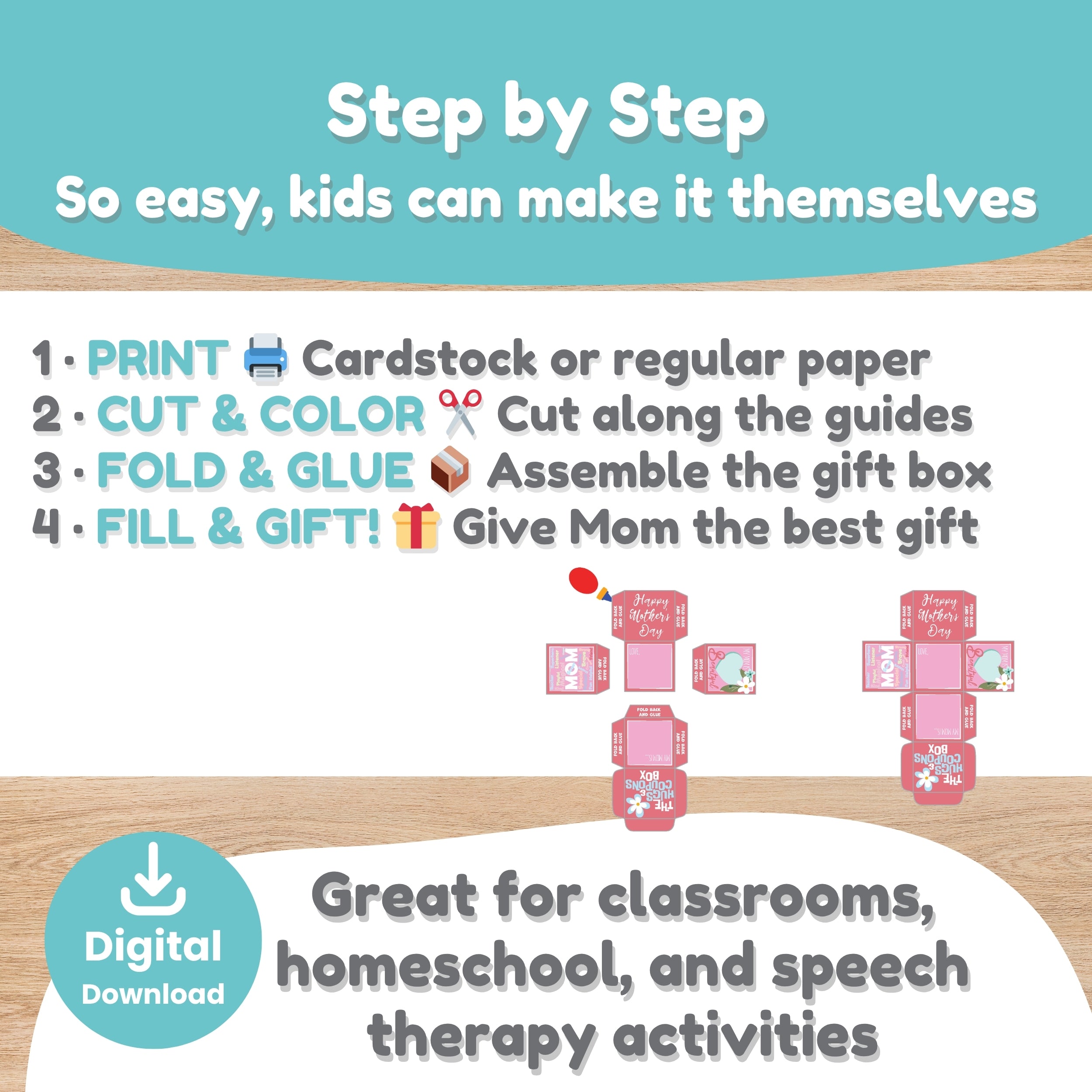 Mother's Day Hugs & Coupons Box — Printable Gift Craft for Kids Craftytopia.com