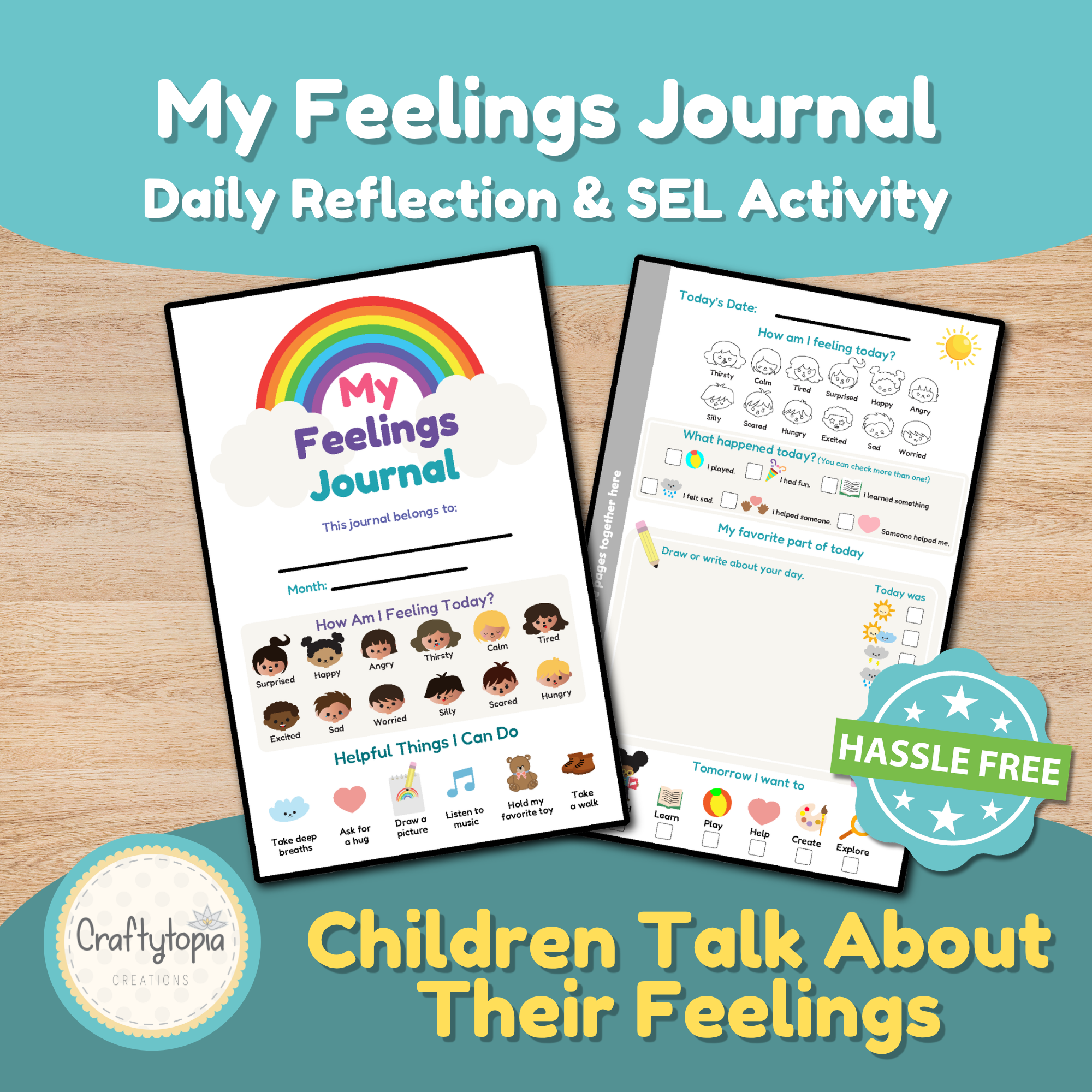 My Feelings Journal printable for kids featuring a colorful rainbow cover and daily SEL reflection page with emotions, weather, writing prompts, and goal-setting activities.