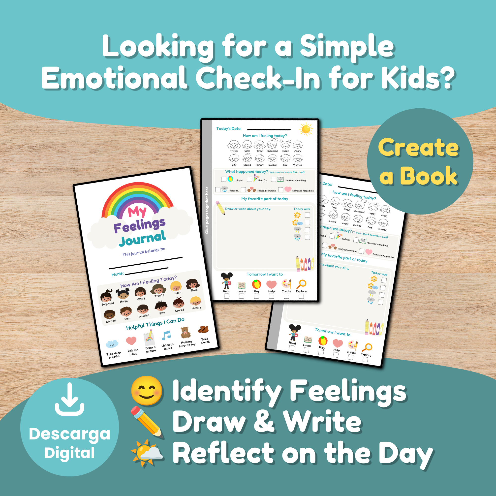 My Feelings Journal printable includes child-friendly emotion check-ins, calming strategies, daily reflection activities, and monthly journal creation instructions.