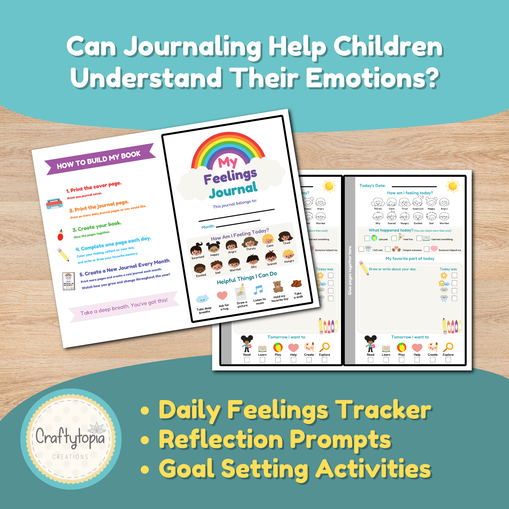 Printable feelings journal instruction page showing how children can print, assemble, and create a new journal every month along with the colorful journal cover.