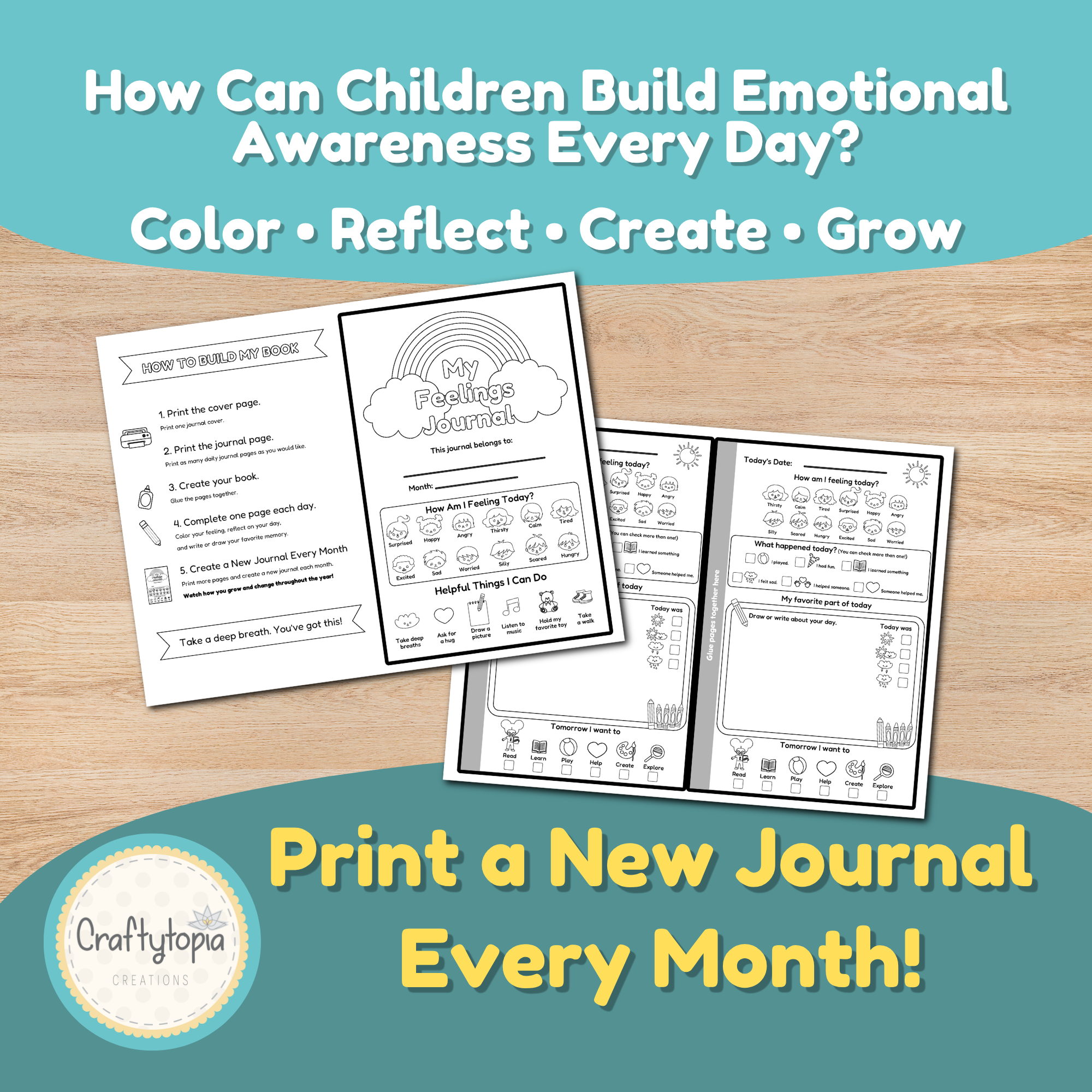 Color version of the daily feelings journal page with emotion icons, daily reflection prompts, weather tracking, drawing space, and tomorrow goal activities.