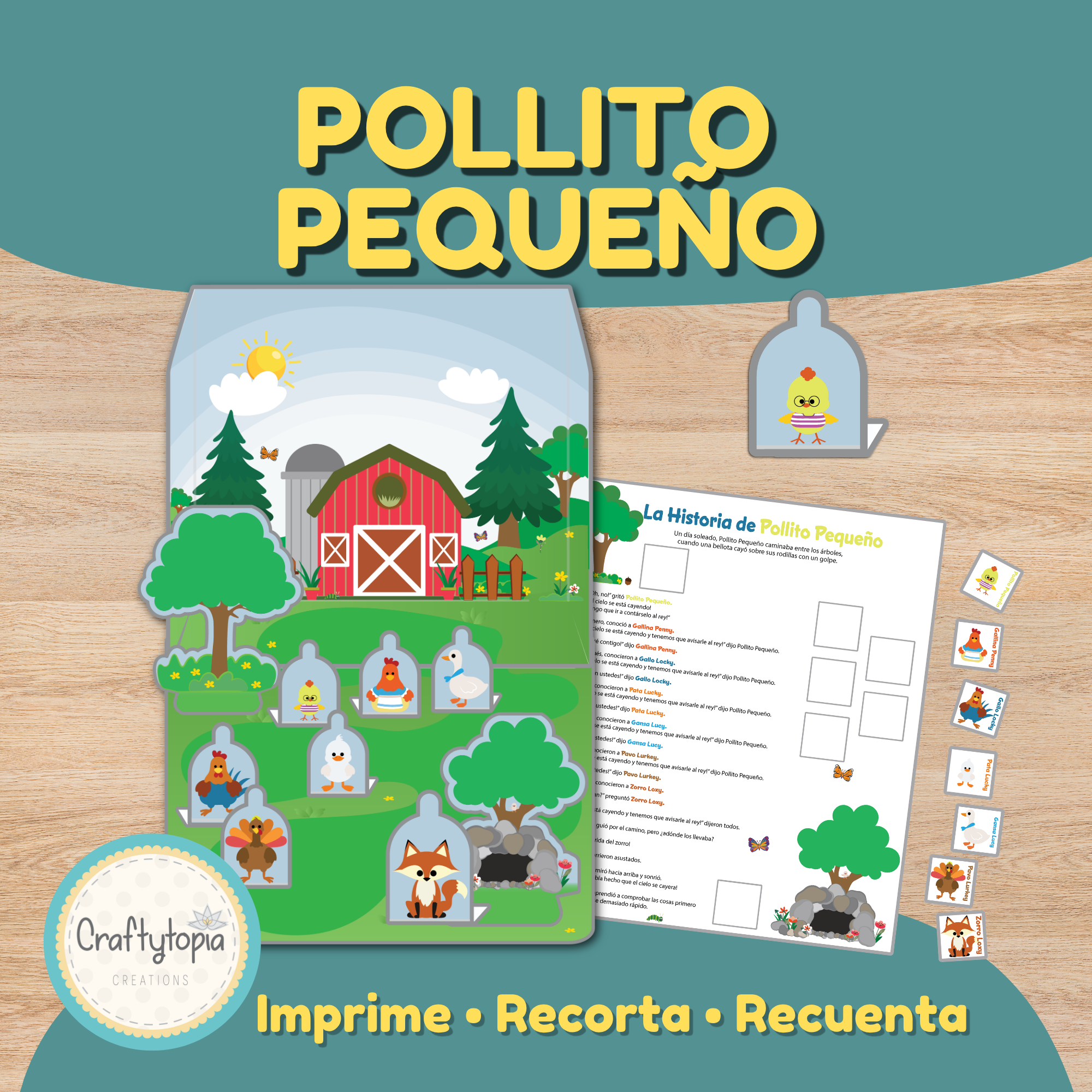 Títeres imprimibles del Pollito Pequeño y escenario 3D para recontar el cuento en terapia del lenguaje y preescolar