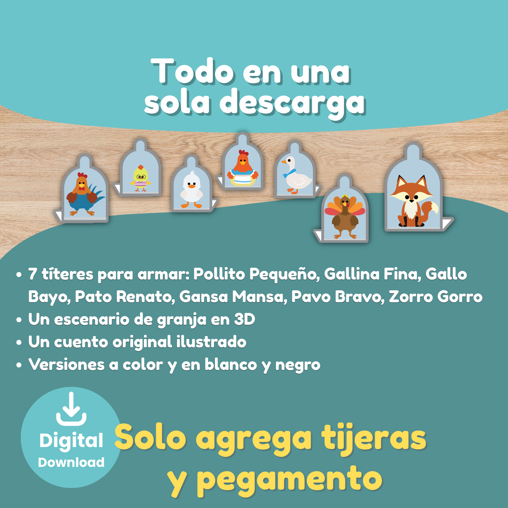 Escenario 3D del granero del Pollito Pequeño a color y en blanco y negro con títeres de papel para recortar y pegar