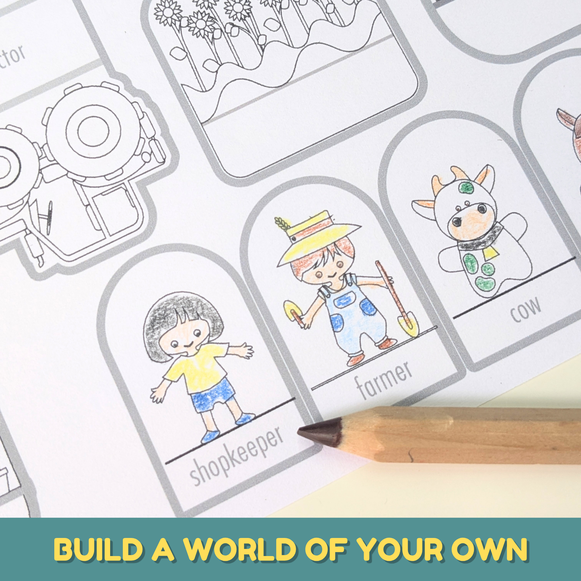 Printable community helpers and farm play set with buildings, vehicles, people, and animals for kids to color, cut, and build their own imaginative play world.