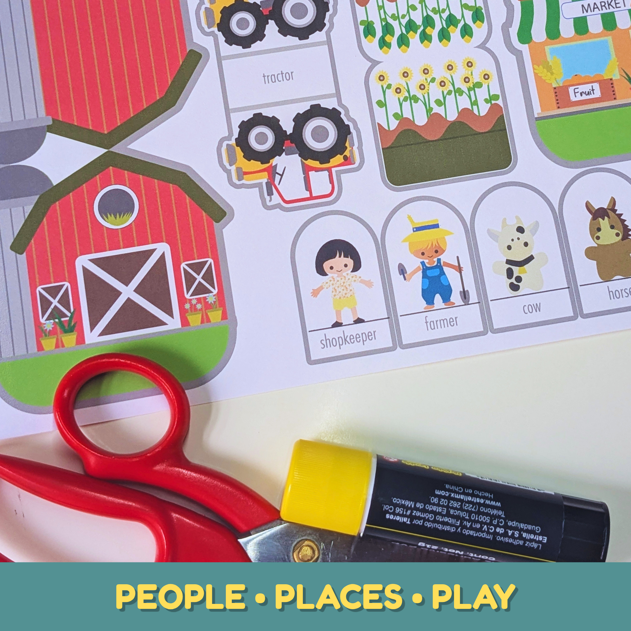 Printable community helpers play set featuring a post office, mail truck, mail carrier, airport, pilot, and other pretend-play pieces for kids.