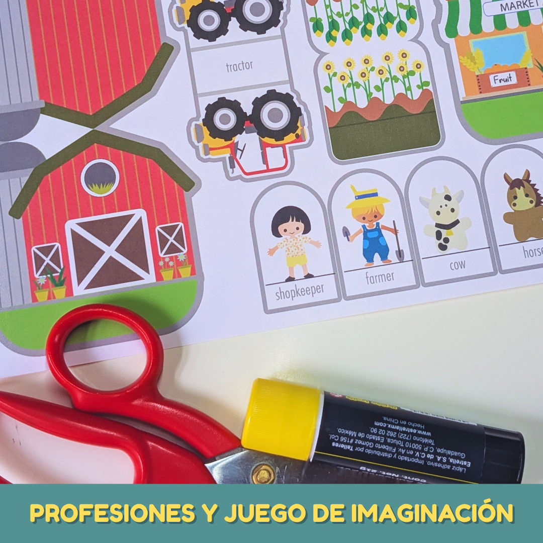 Printable paper city and farm craft featuring a barn, farmer, farm animals, roads, and community buildings for creative hands-on play and learning.