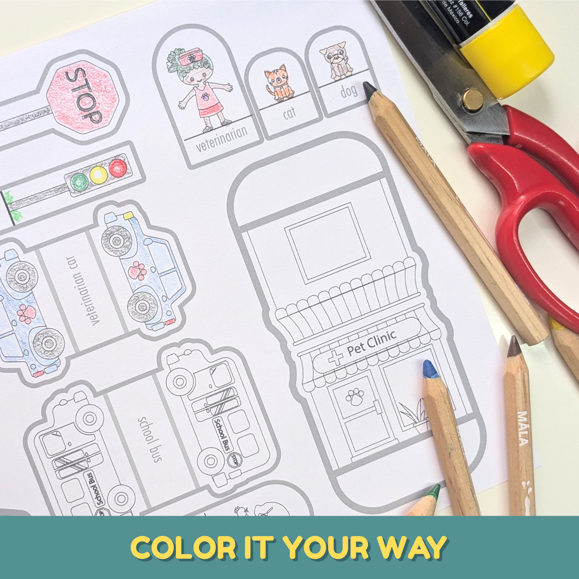 Black and white printable community helpers and pretend-play crafts showing a veterinarian, pets, vehicles, and a pet clinic for kids to color and create.