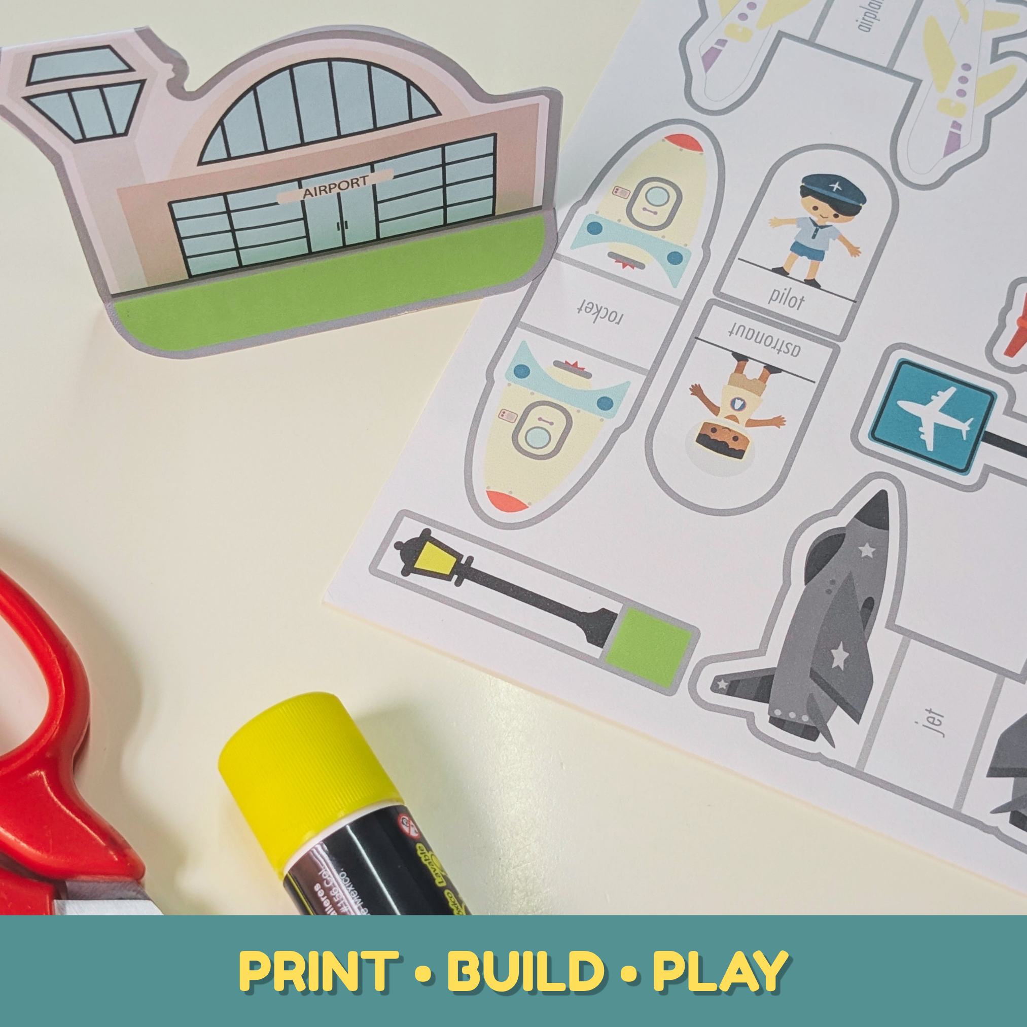 Printable farm play set with a barn, tractor, farmer, cow, horse, crops, and other farm-themed pieces for children to cut, assemble, and use in pretend play.
