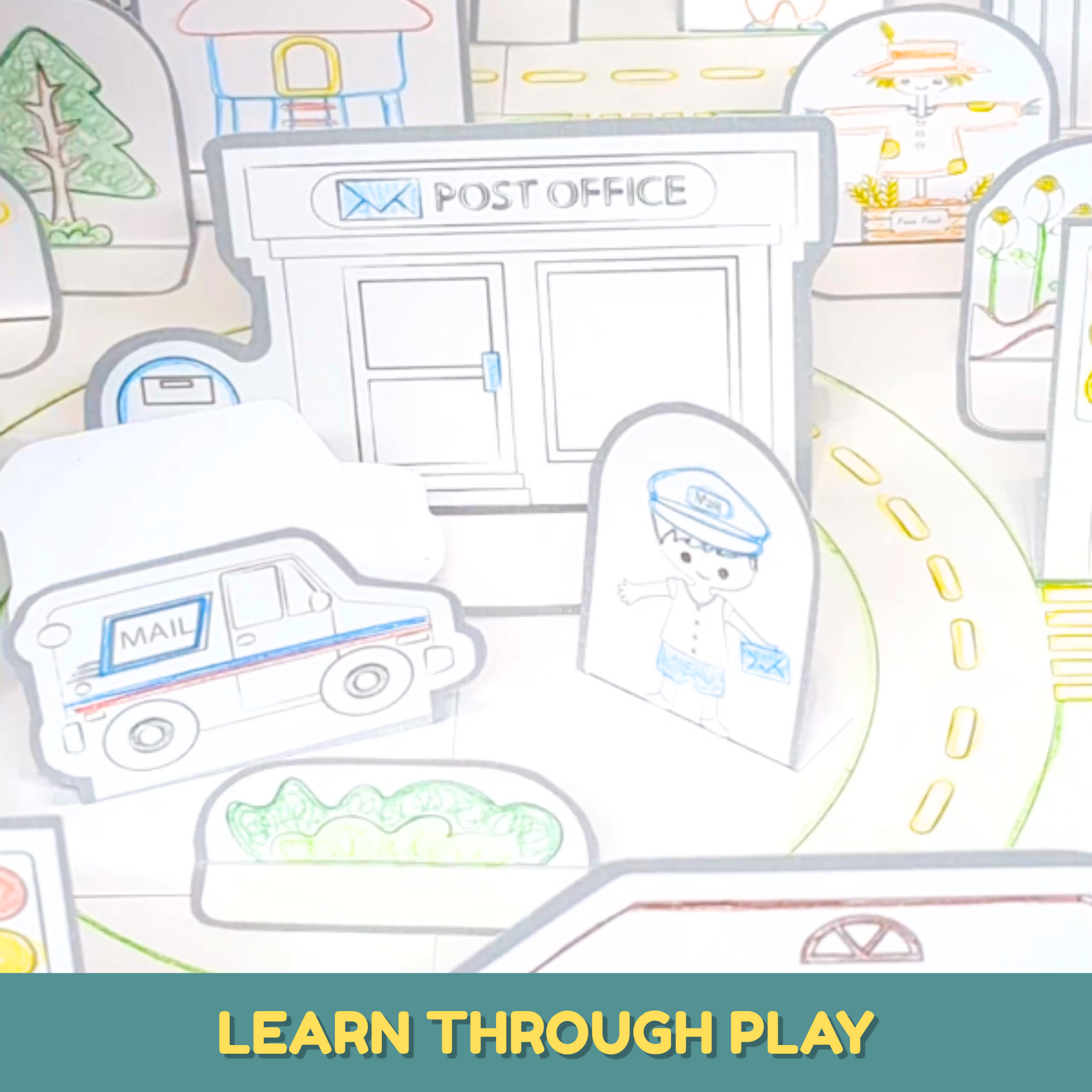 Kids printable community helpers activity featuring colorful and black and white people, including a farmer, shopkeeper, and animal characters for hands-on learning through play.