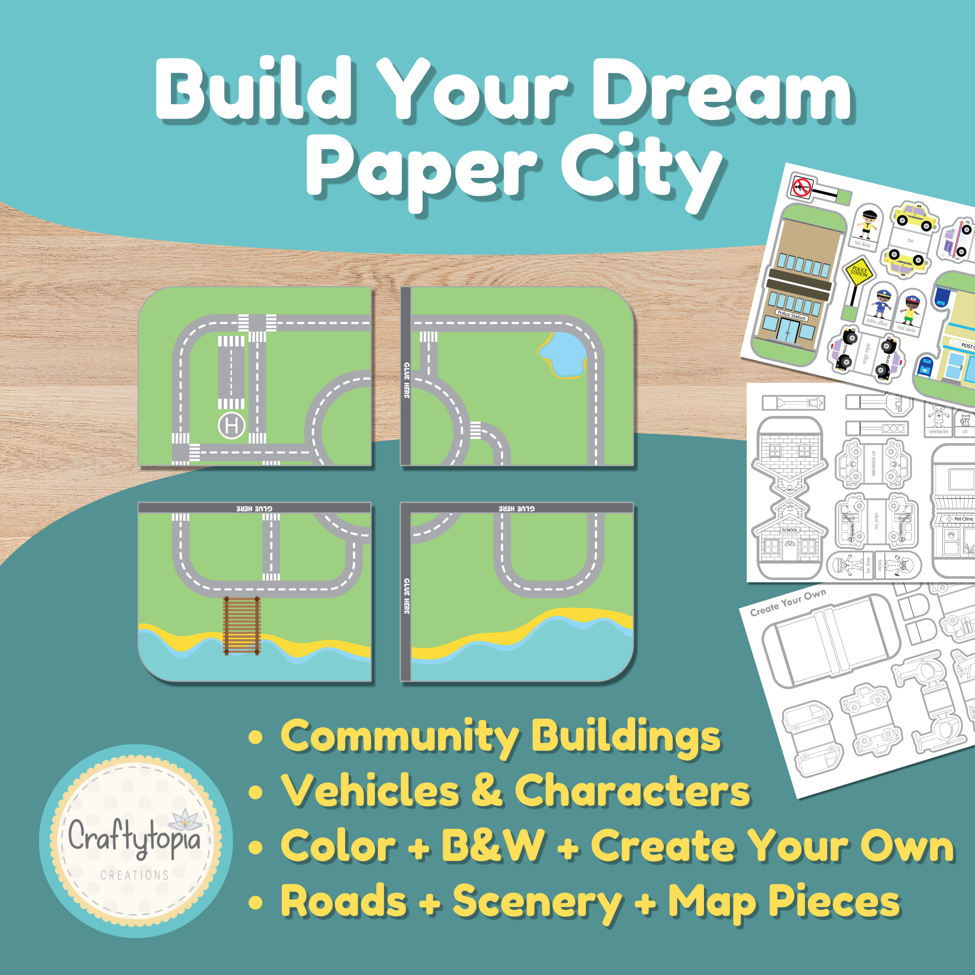 Community paper city scene and puppets printable — new edition with double-face buildings and full road map