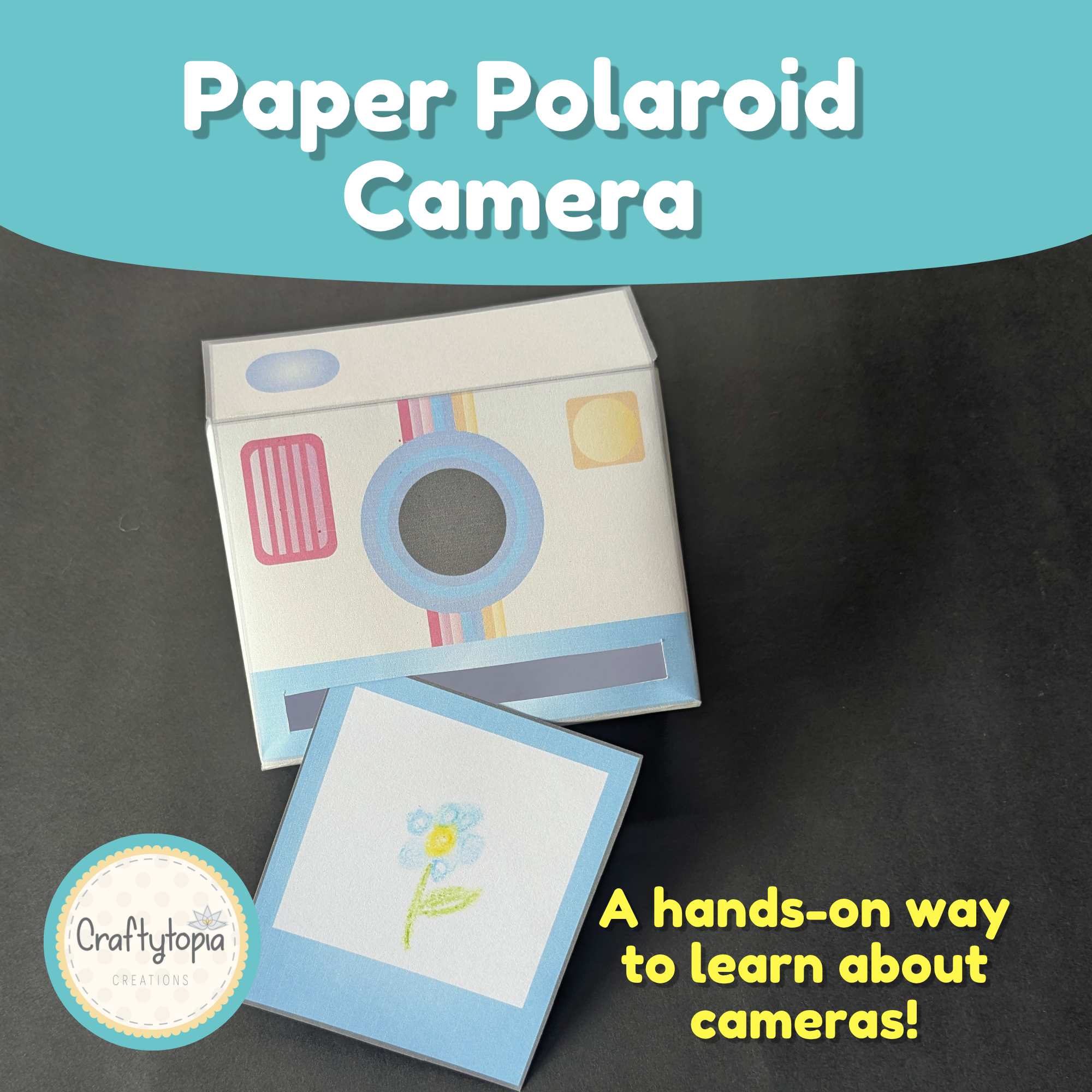 Printable paper polaroid camera craft for kids. Technology unit activity for grades K–2. Students build a 3D box camera, then draw what they see on printable polaroid cards. No prep required