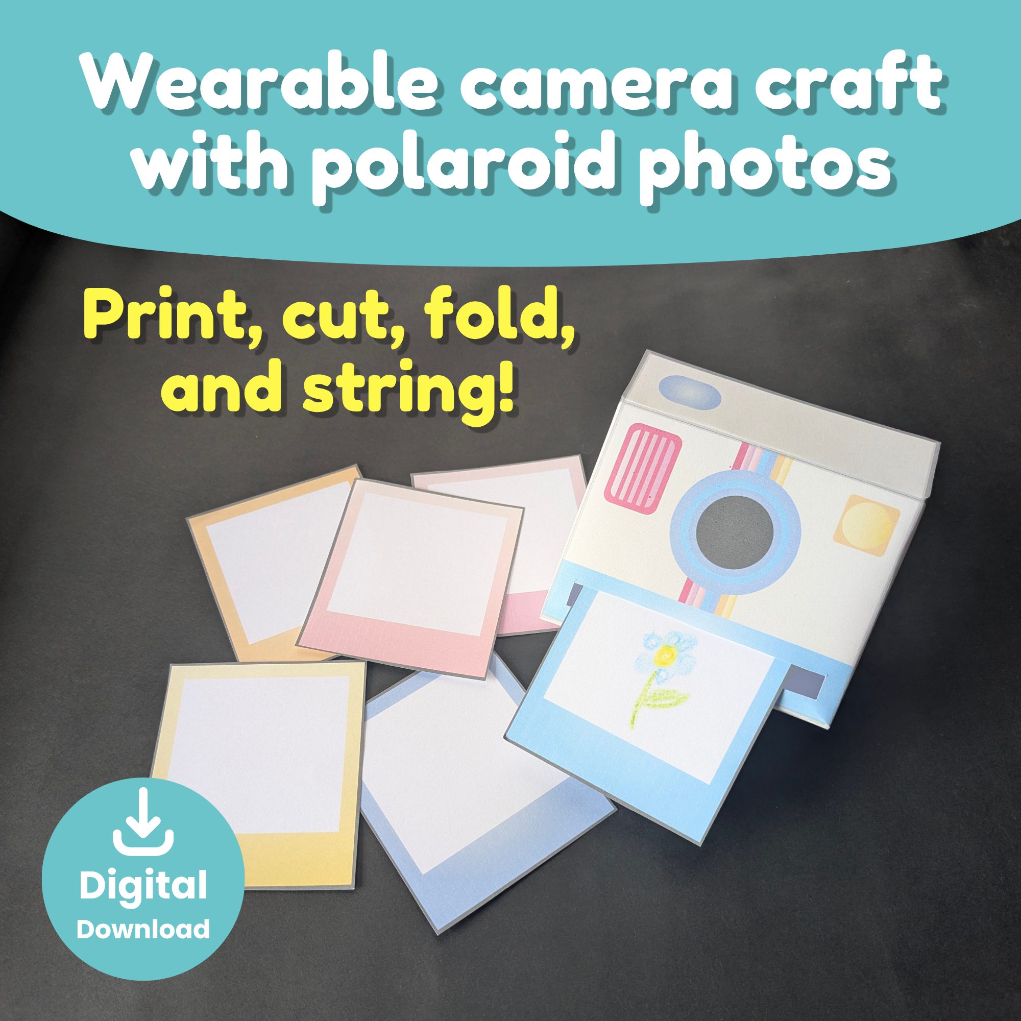Wearable paper camera craft printable. Students print, cut, fold, and string a 3D polaroid camera, then walk around the classroom filling in polaroid cards with drawings. Designed for 24 or more students in a technology unit