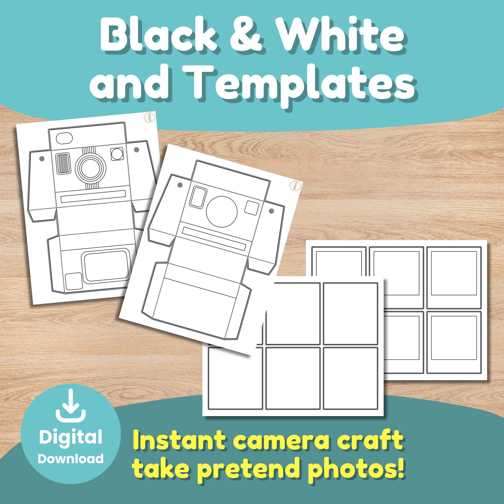 Instant camera paper craft printable for kids. Children build a wearable polaroid camera, then fill polaroid cards with drawings of friends, classrooms, and things they see. Great for technology, art, and creative play lessons.