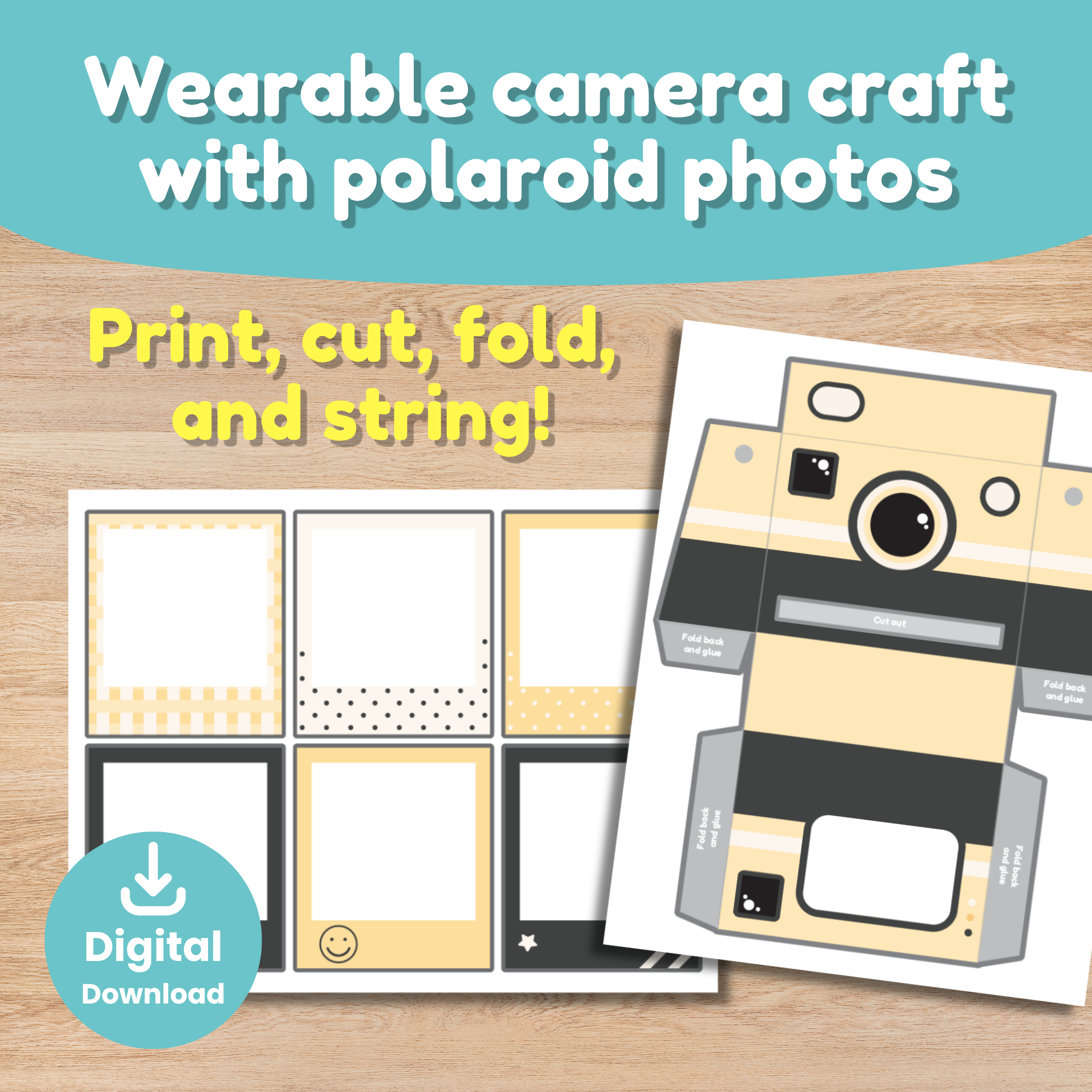 Wearable paper camera craft printable. Students print, cut, fold, and string a 3D polaroid camera, then walk around the classroom filling in polaroid cards with drawings. Designed for 24 or more students in a technology unit