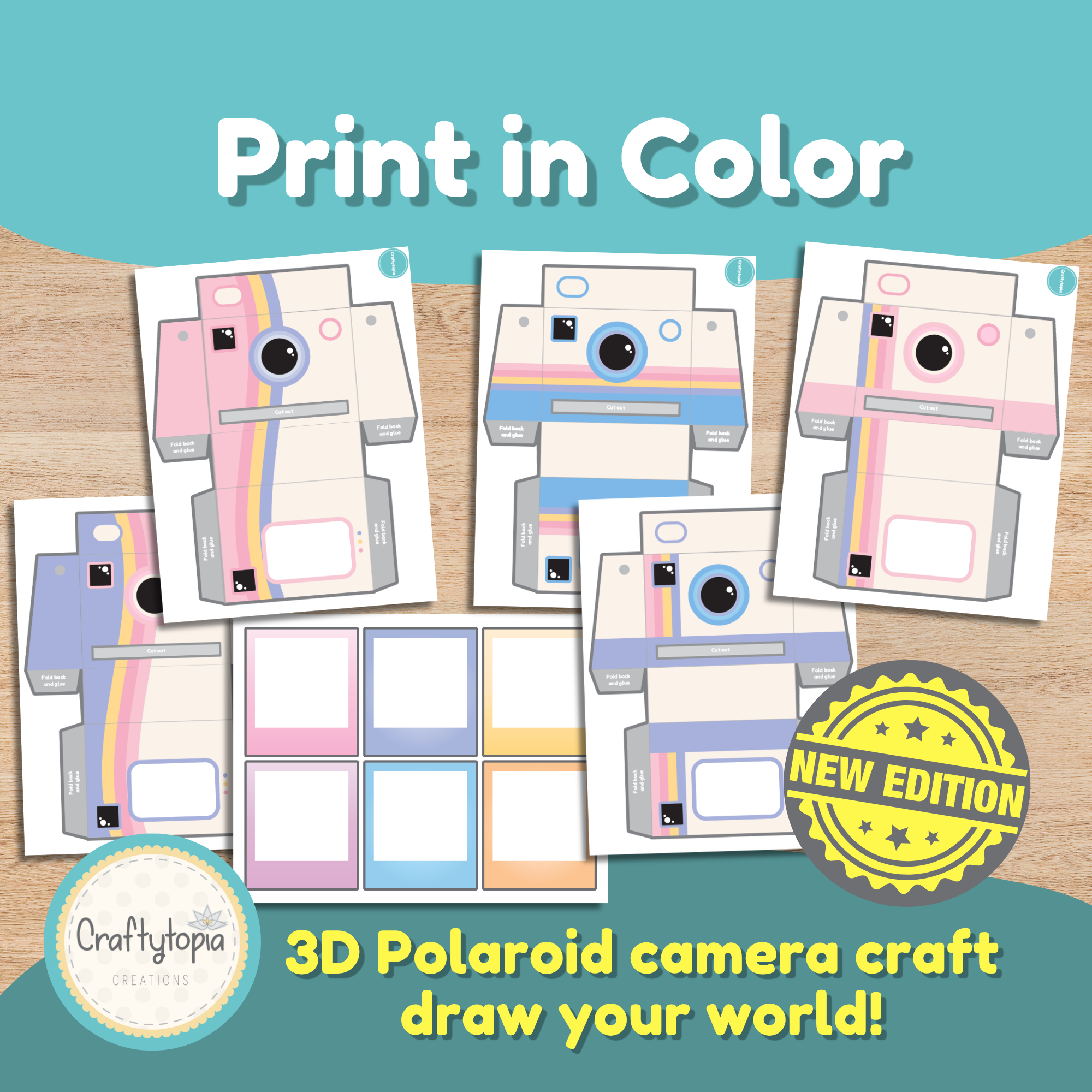 3D polaroid camera paper craft printable. Children cut, fold, and build a box camera with a string to wear, then draw what they photograph on included polaroid cards. Includes color and black-and-white versions.