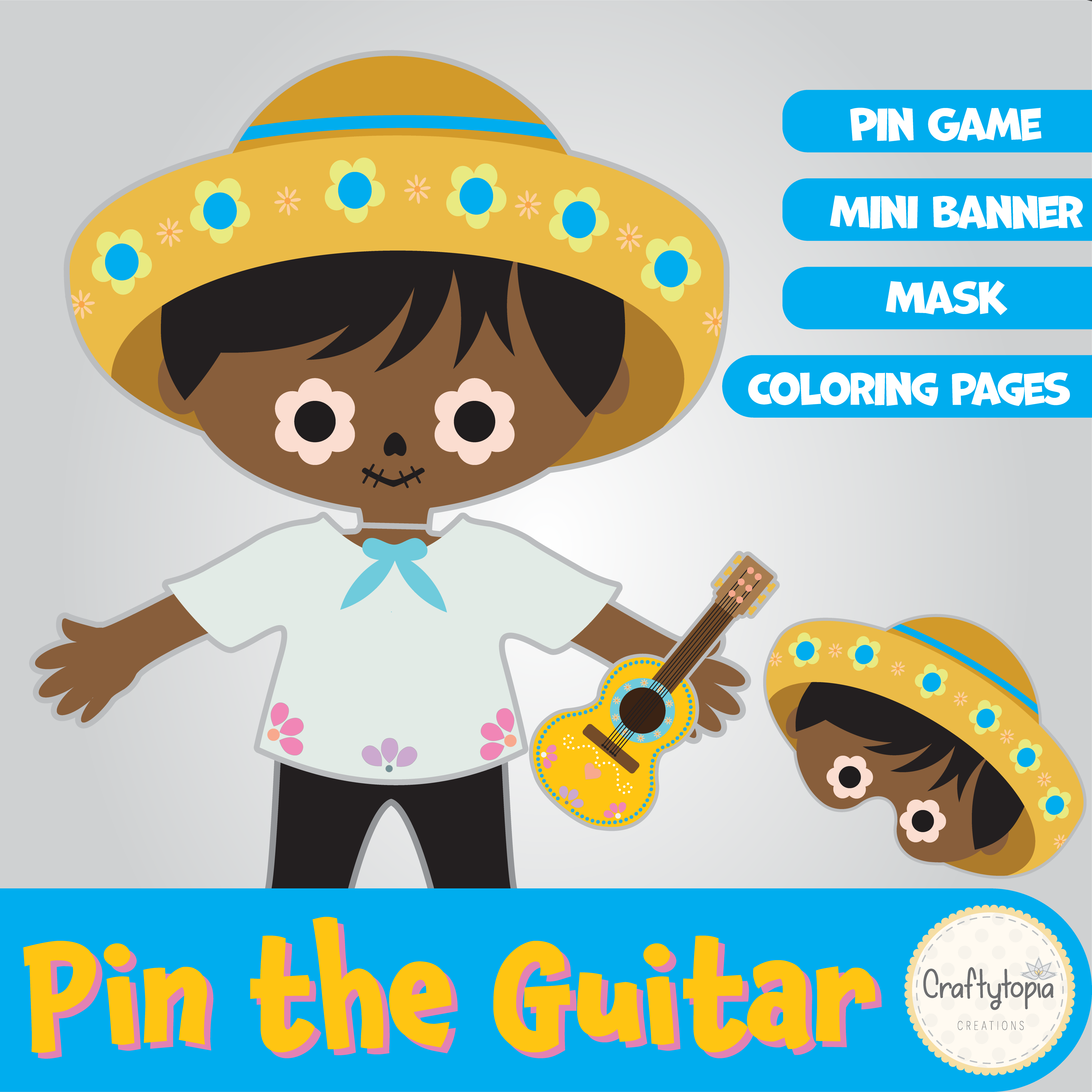 Printable Pin the Guitar – Día de los Muertos Game for Kids