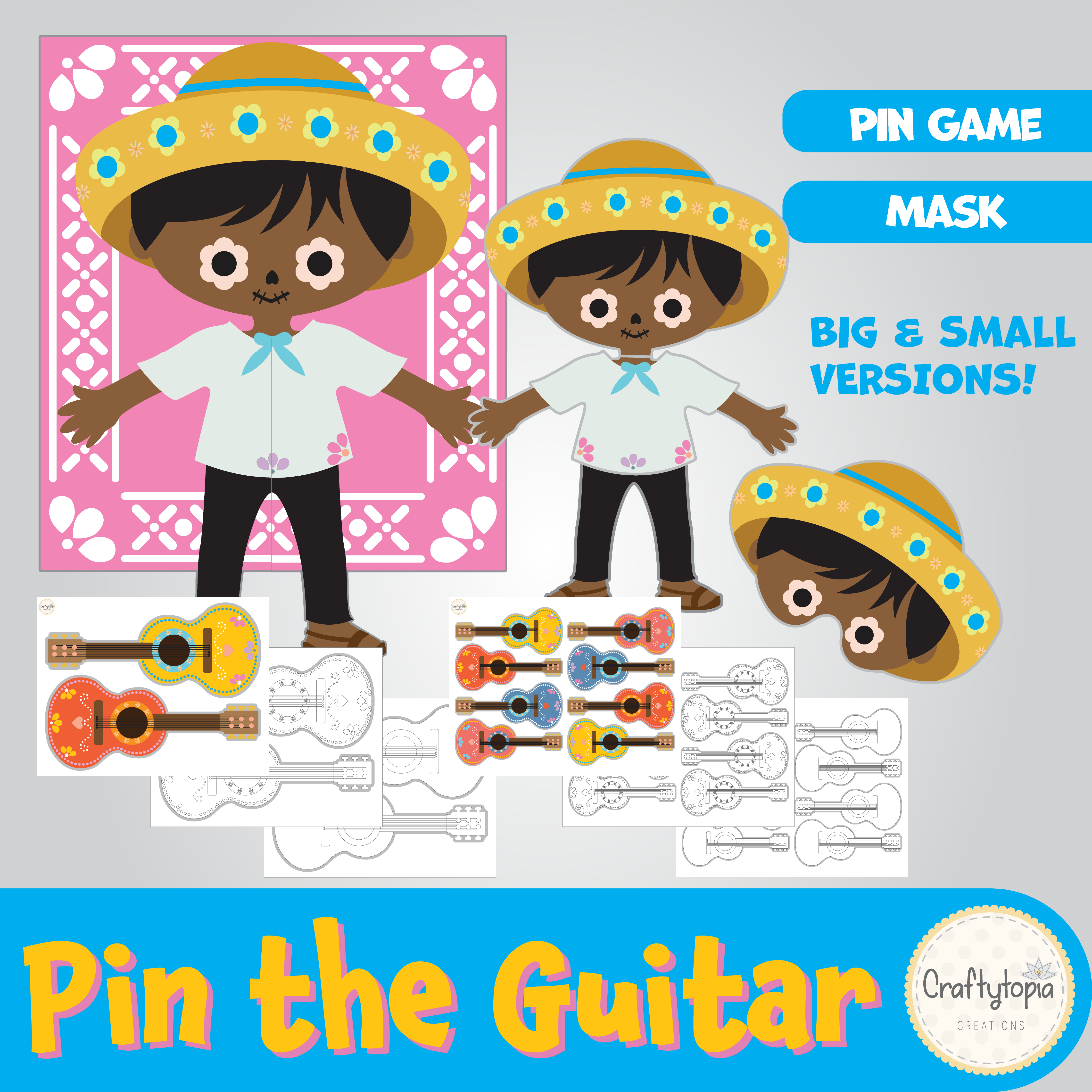 Printable Pin the Guitar – Día de los Muertos Game for Kids
