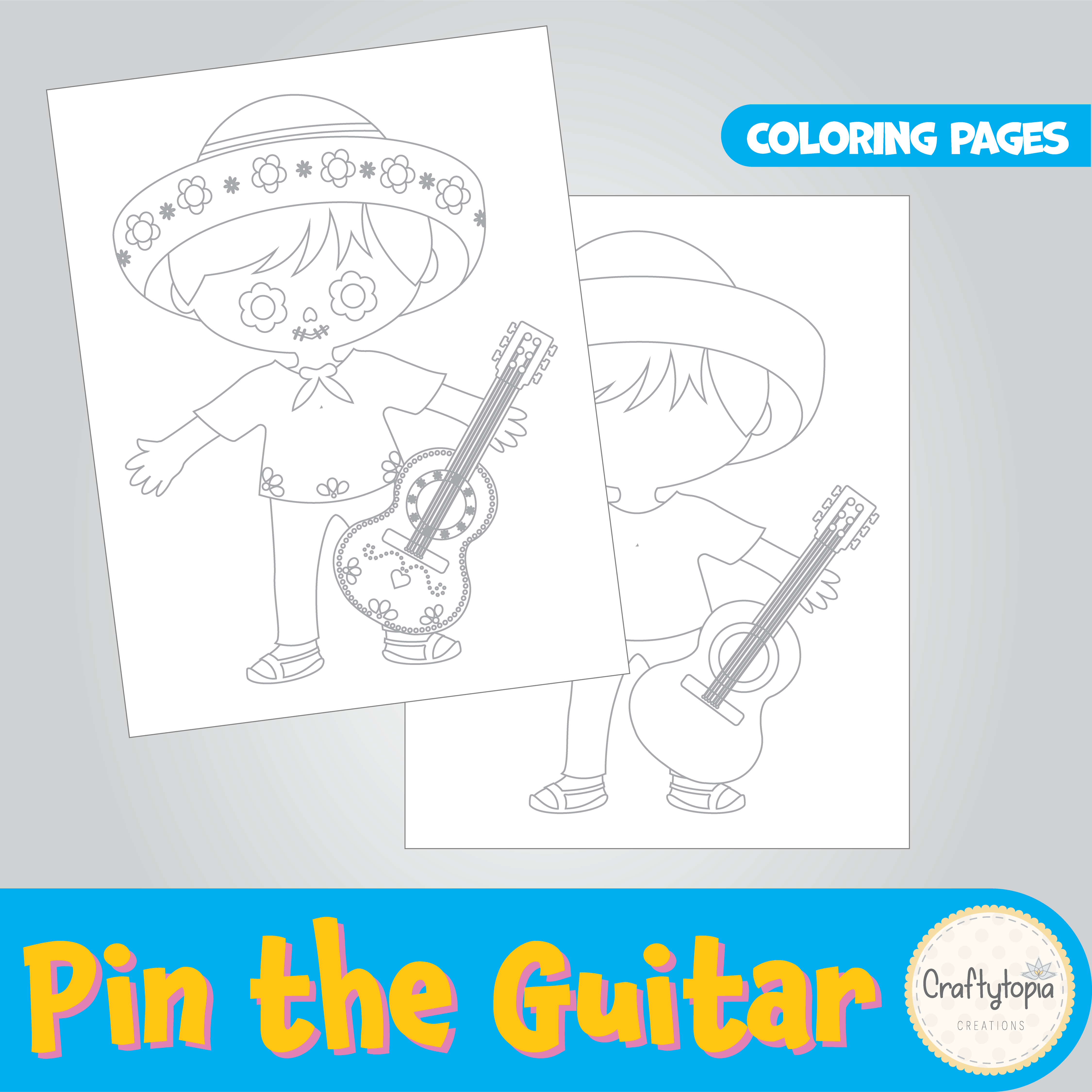 Printable Pin the Guitar – Día de los Muertos Game for Kids for coloring