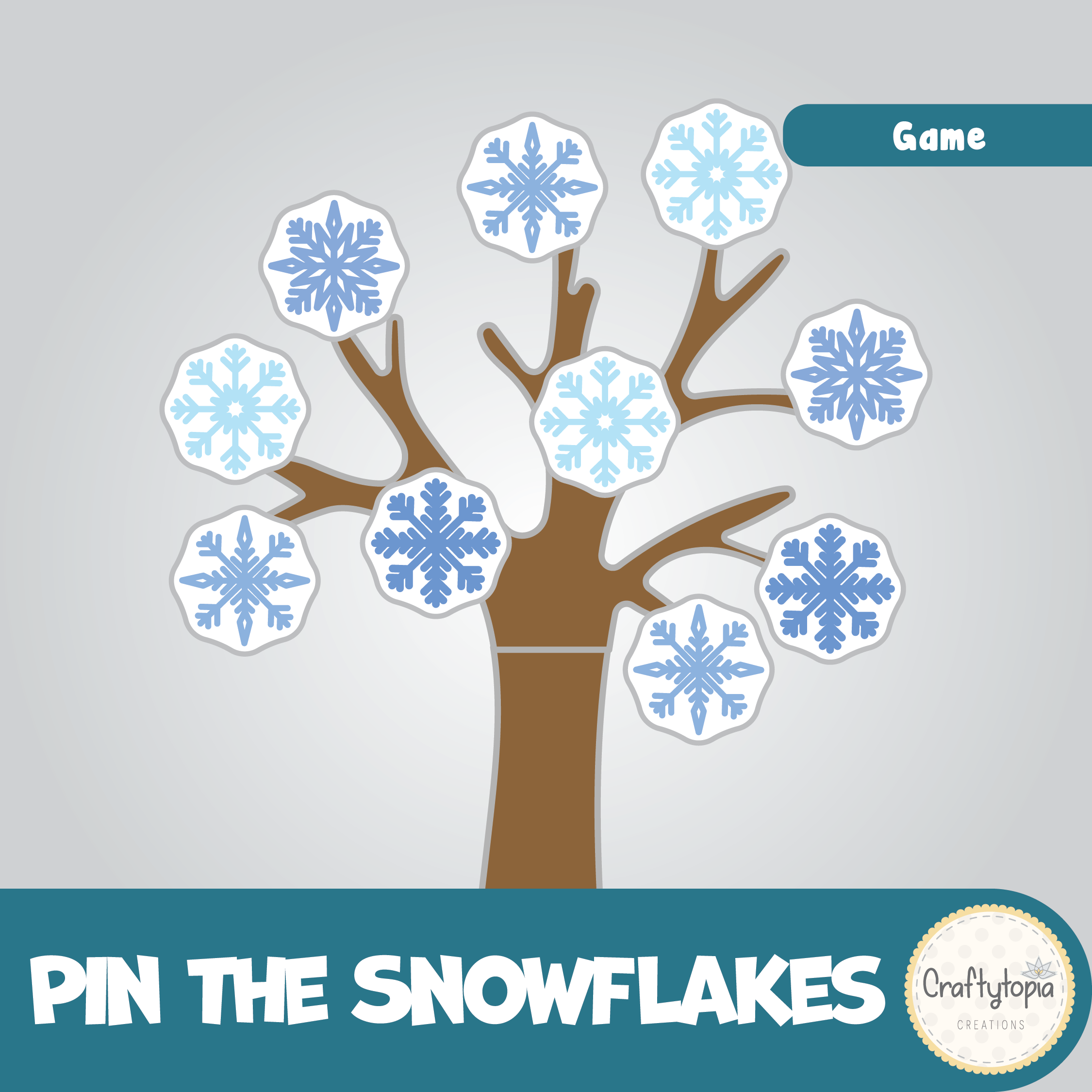 Printable Pin the Snowflakes on the Tree Kids Game