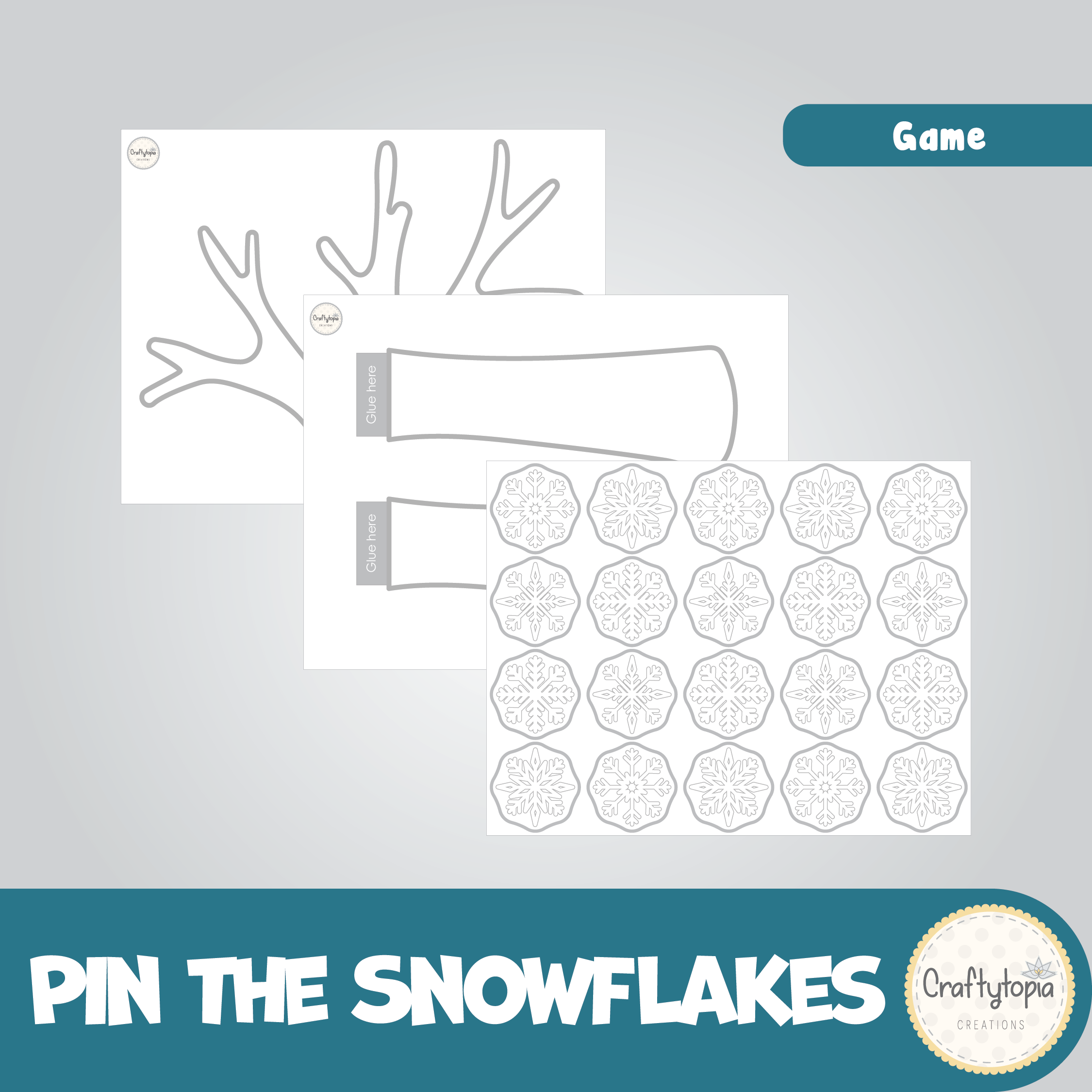 Printable Pin the Snowflakes on the Tree Kids Game for coloring