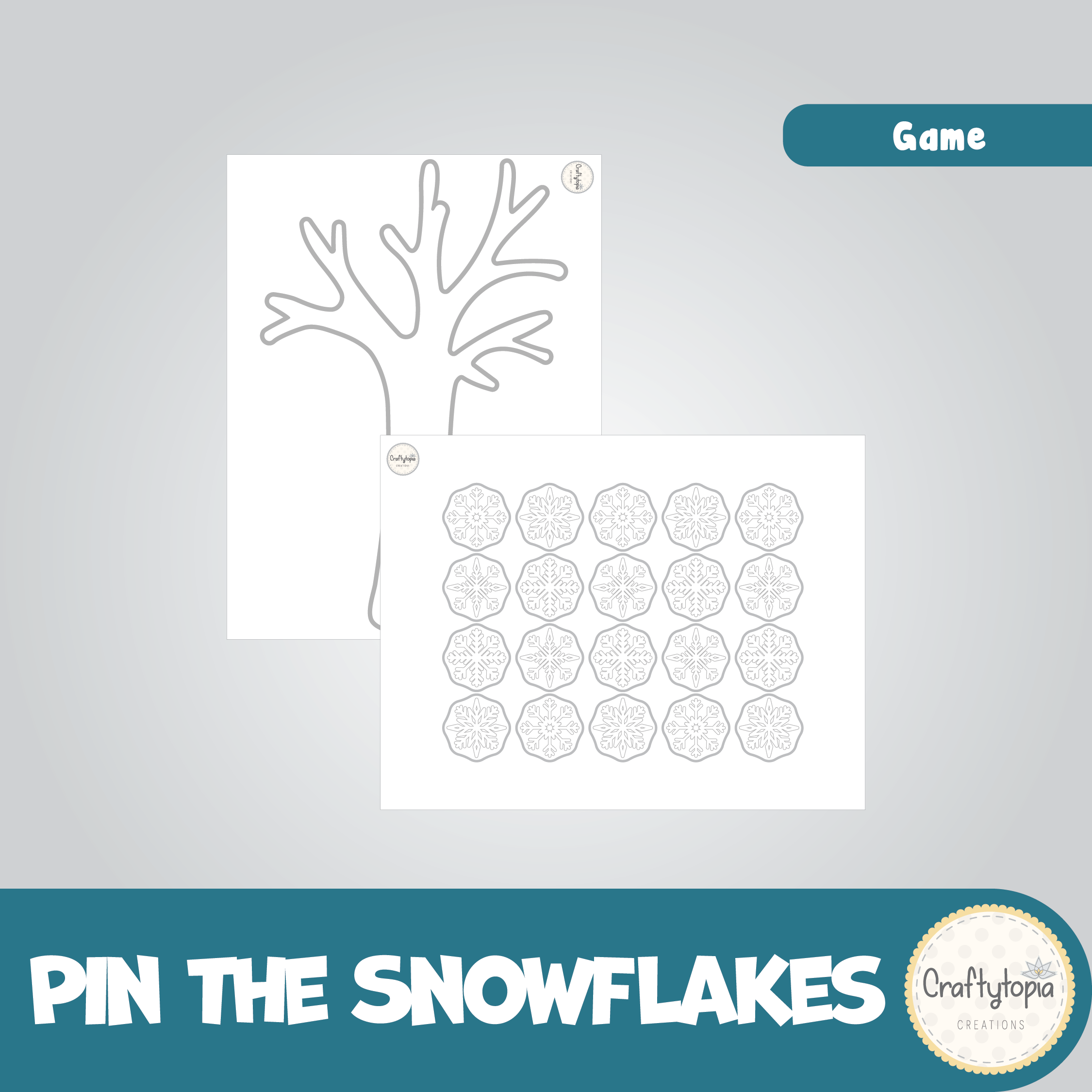 Printable Pin the Snowflakes on the Tree Kids Game for coloring