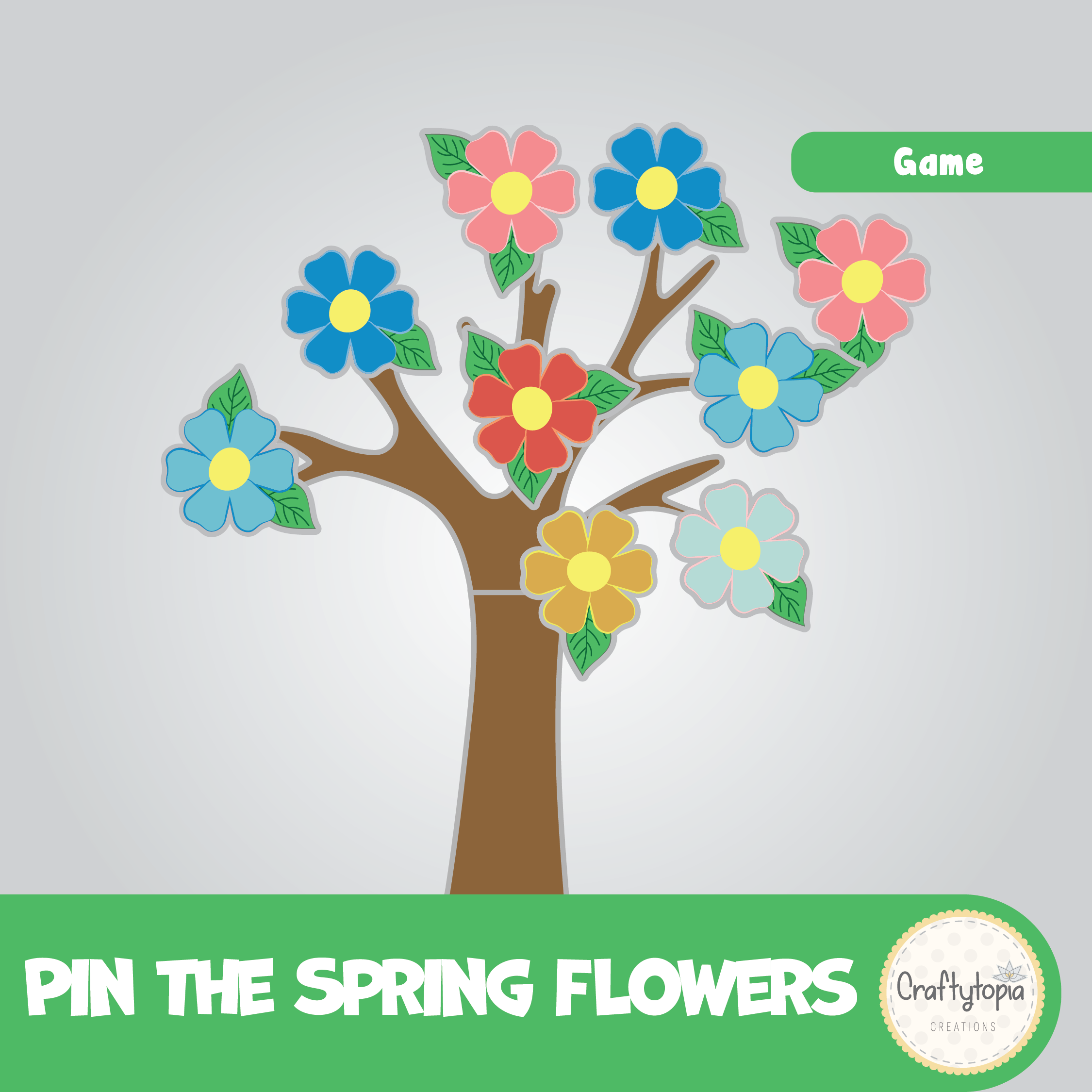 Pin the Flowers to the Tree printable spring party game for kids | Craftytopia Creations