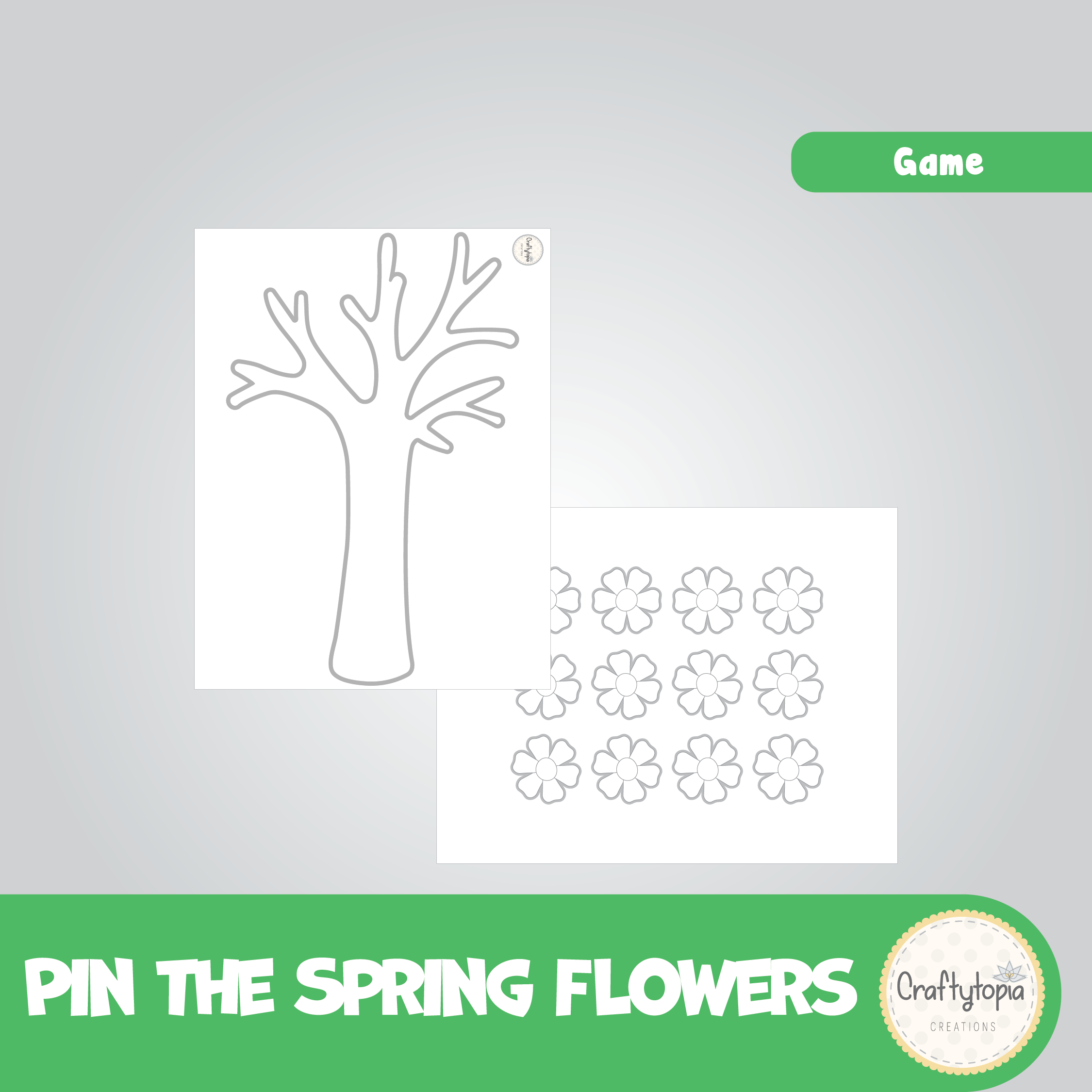 Printable Pin the Flowers on the Tree Kids Game for coloring