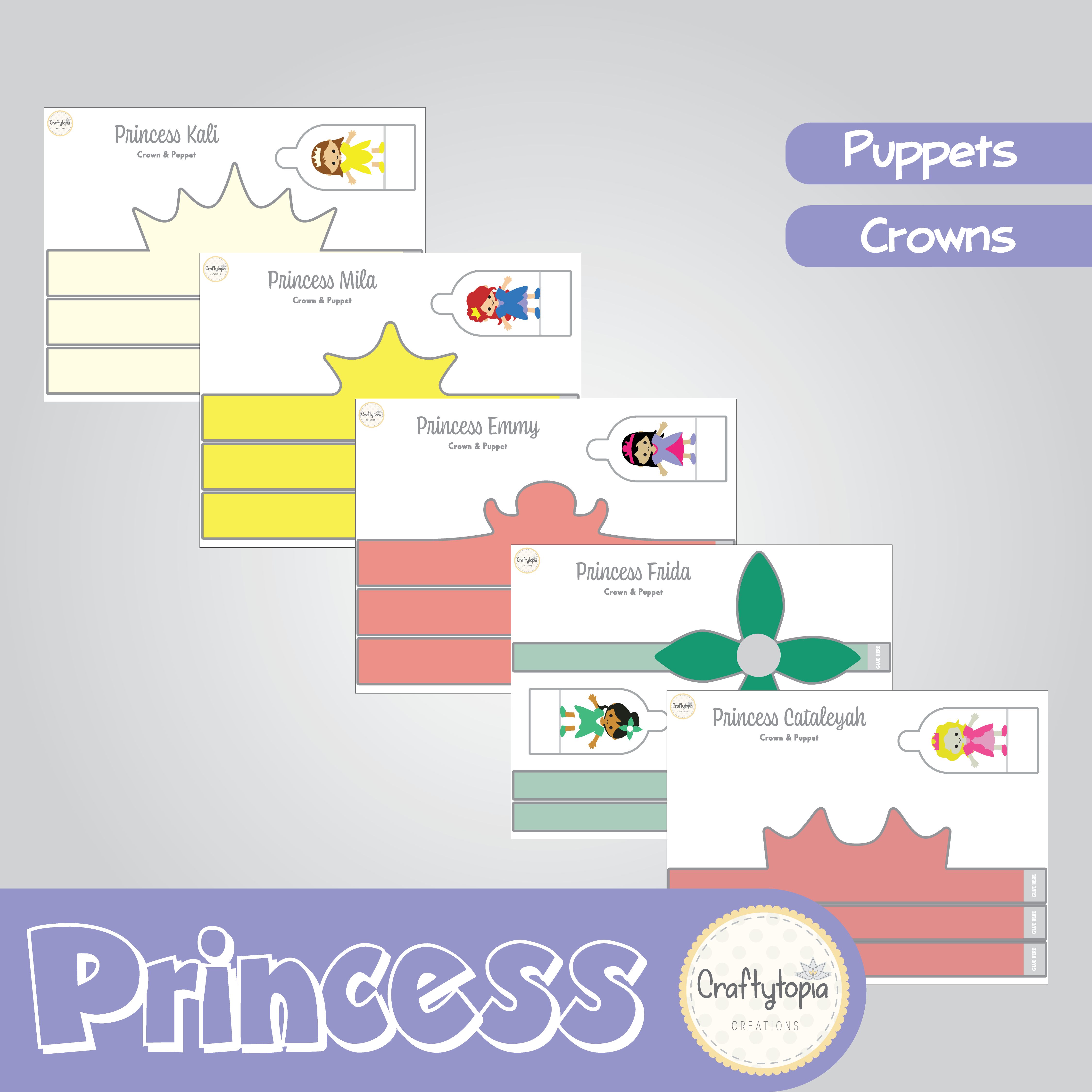 Printable Princess Crowns and Puppets Kids Activity in color