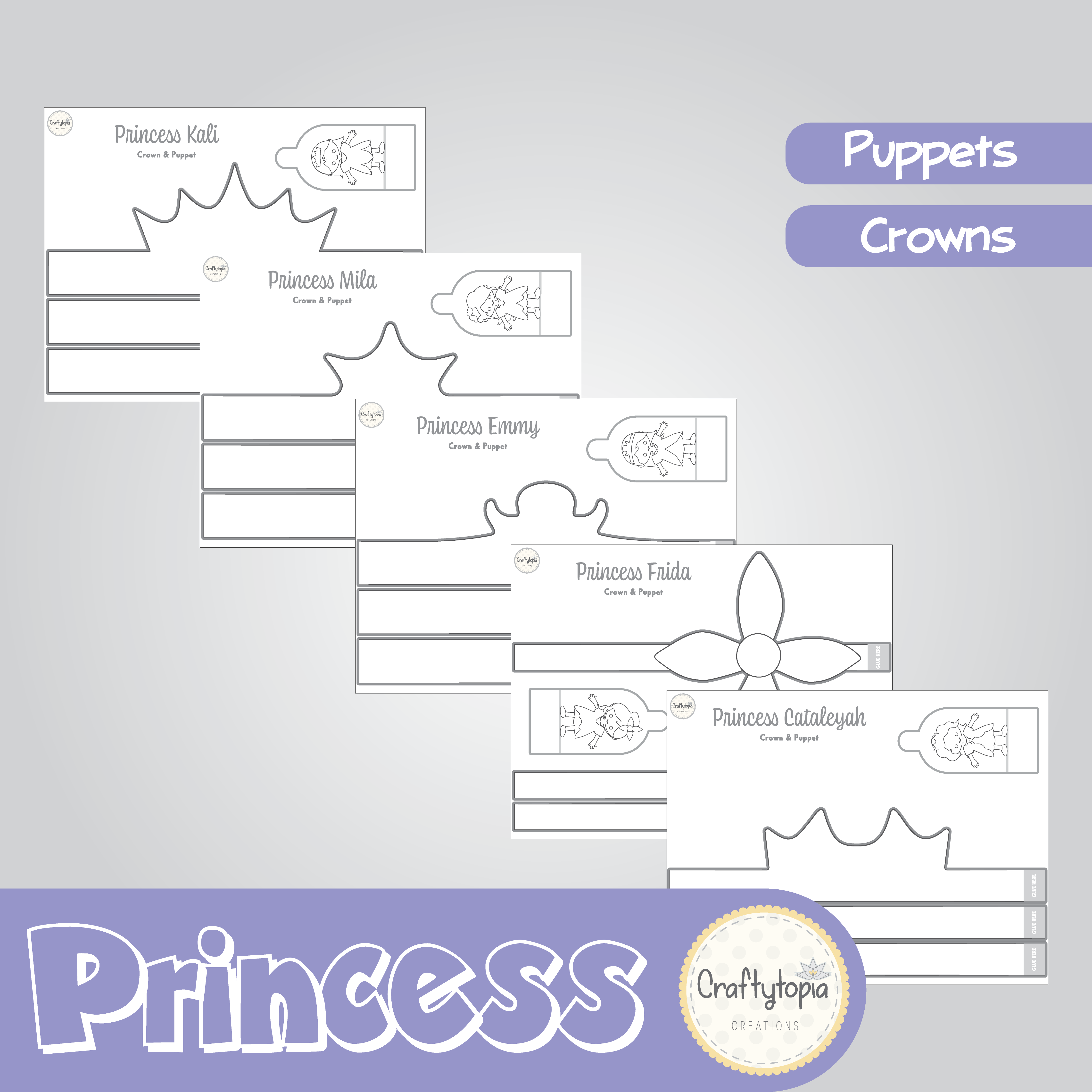 Printable Princess Crowns and Puppets Kids Activity for coloring