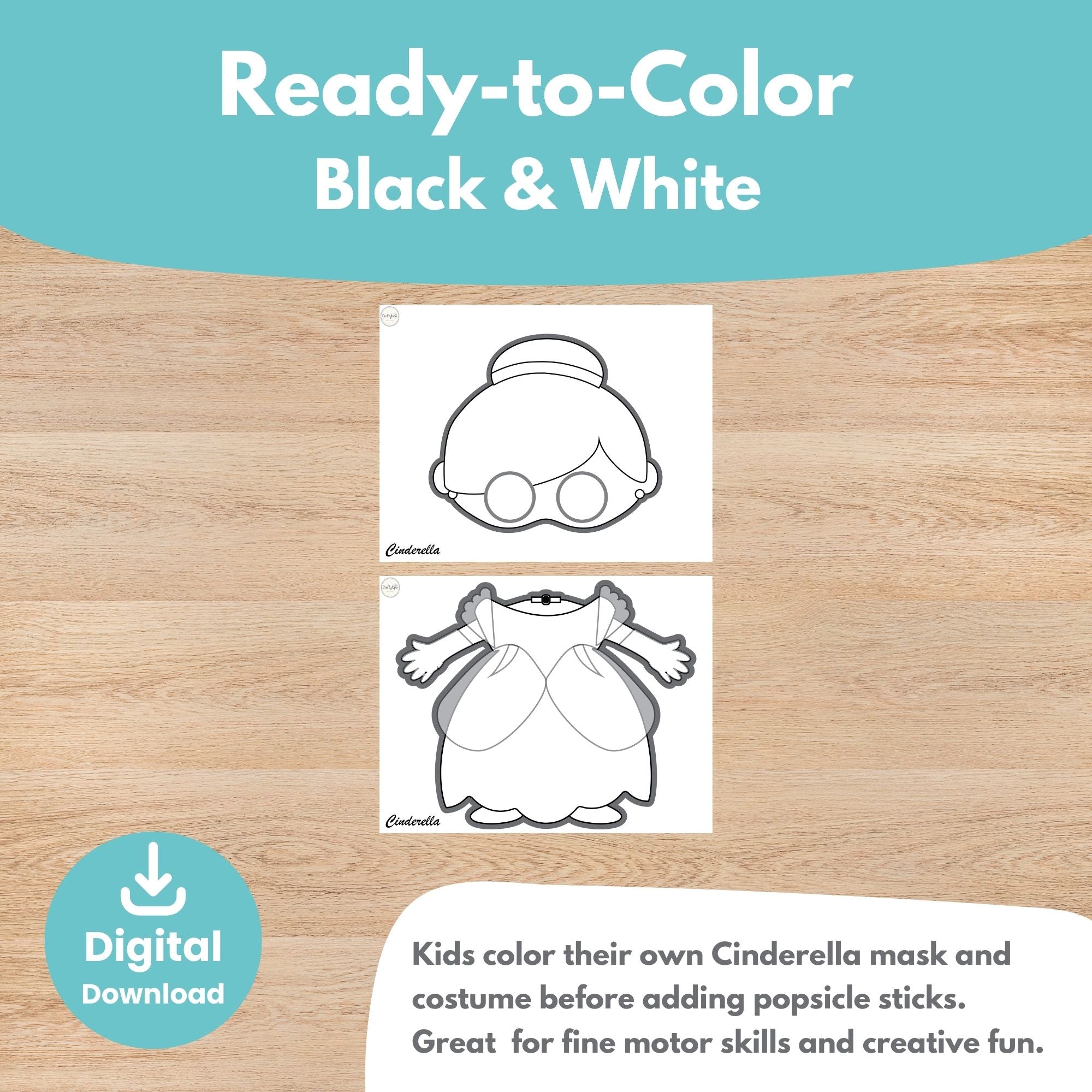 Printable Cinderella Masks and Body Costumes Kids Activity for coloring