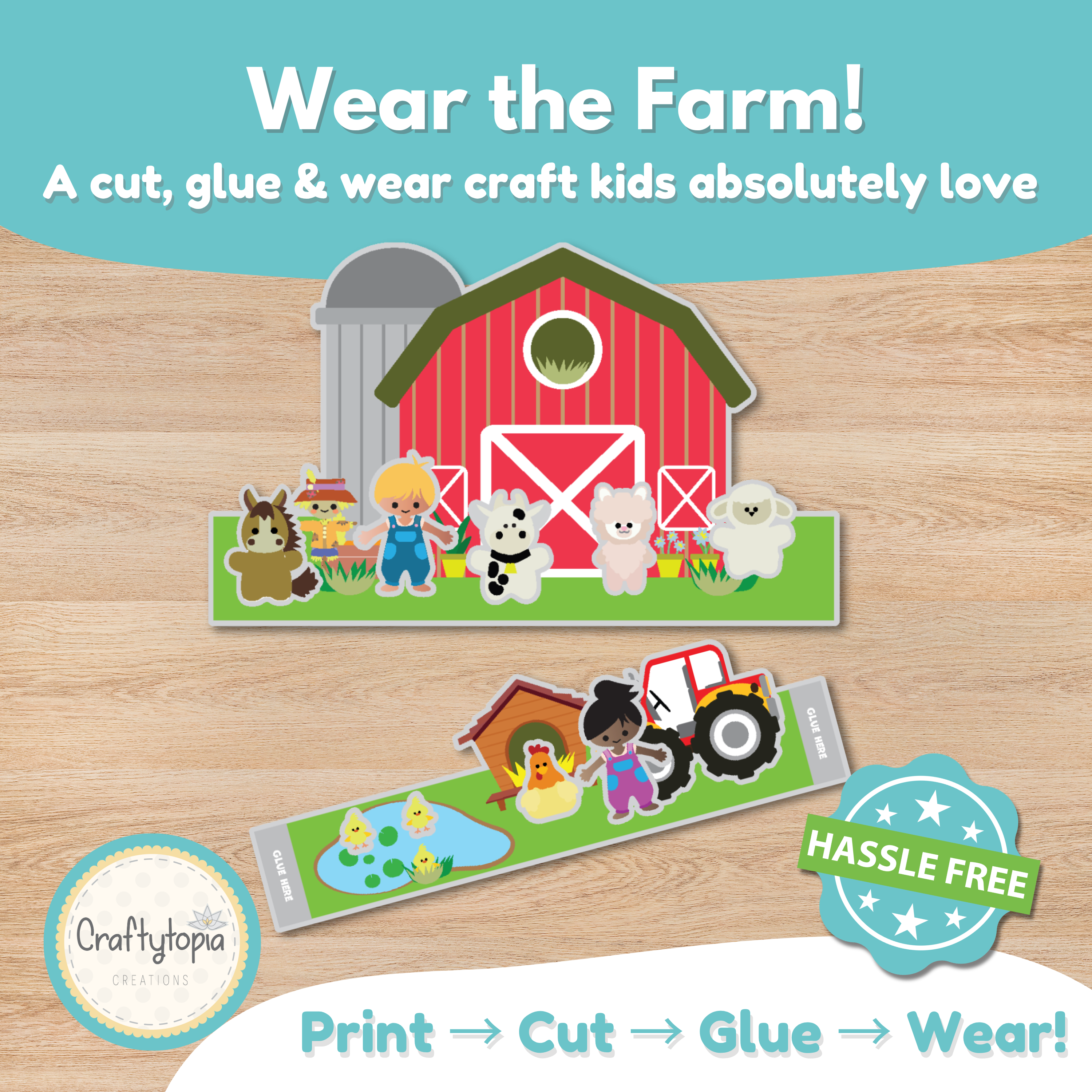 Printable Farm Crown Craft for Kids | Cut and Paste Activity | Farm Animals Dramatic Play Craftytopia.com