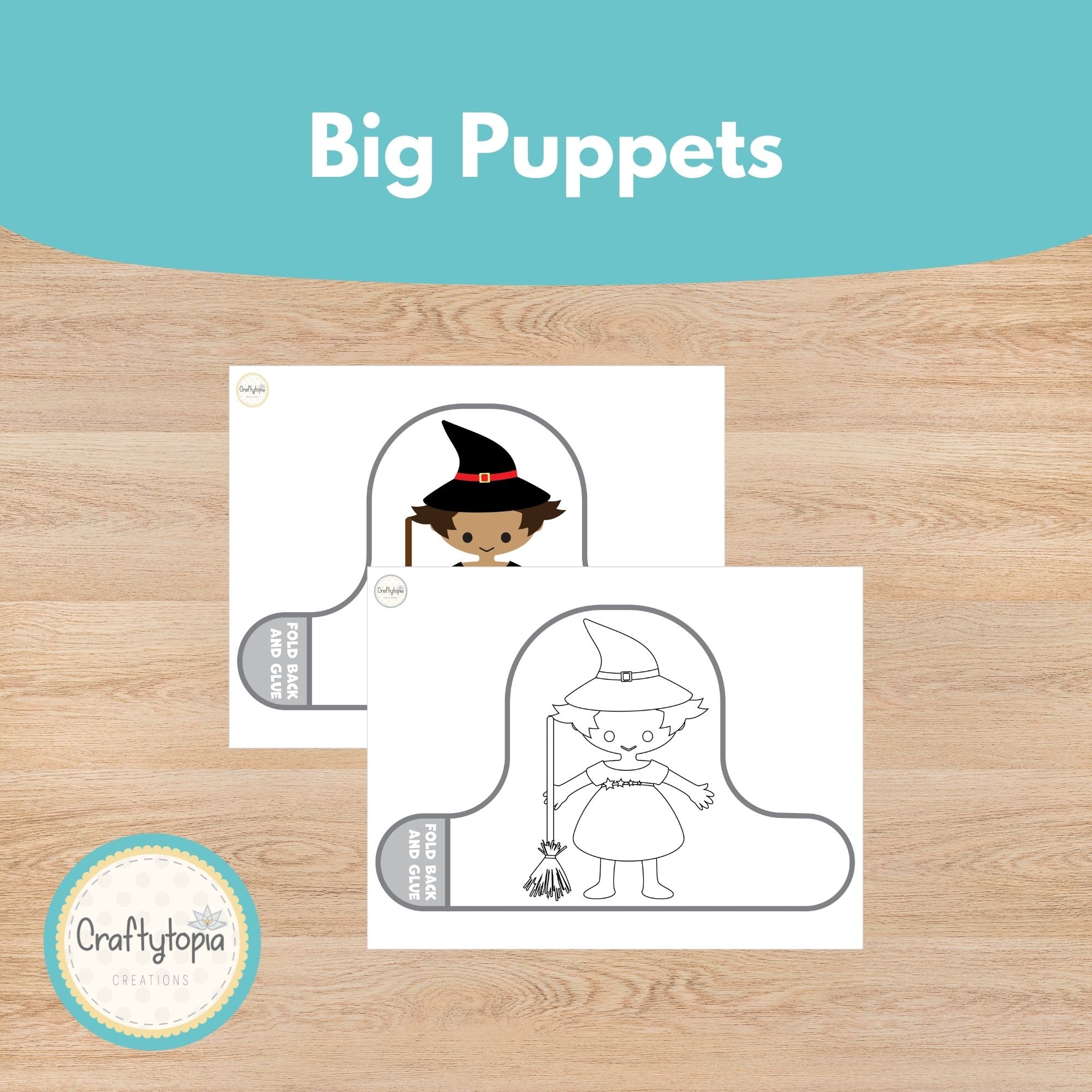 Black and white Halloween puppet printable coloring activity for kids | Craftytopia Creations