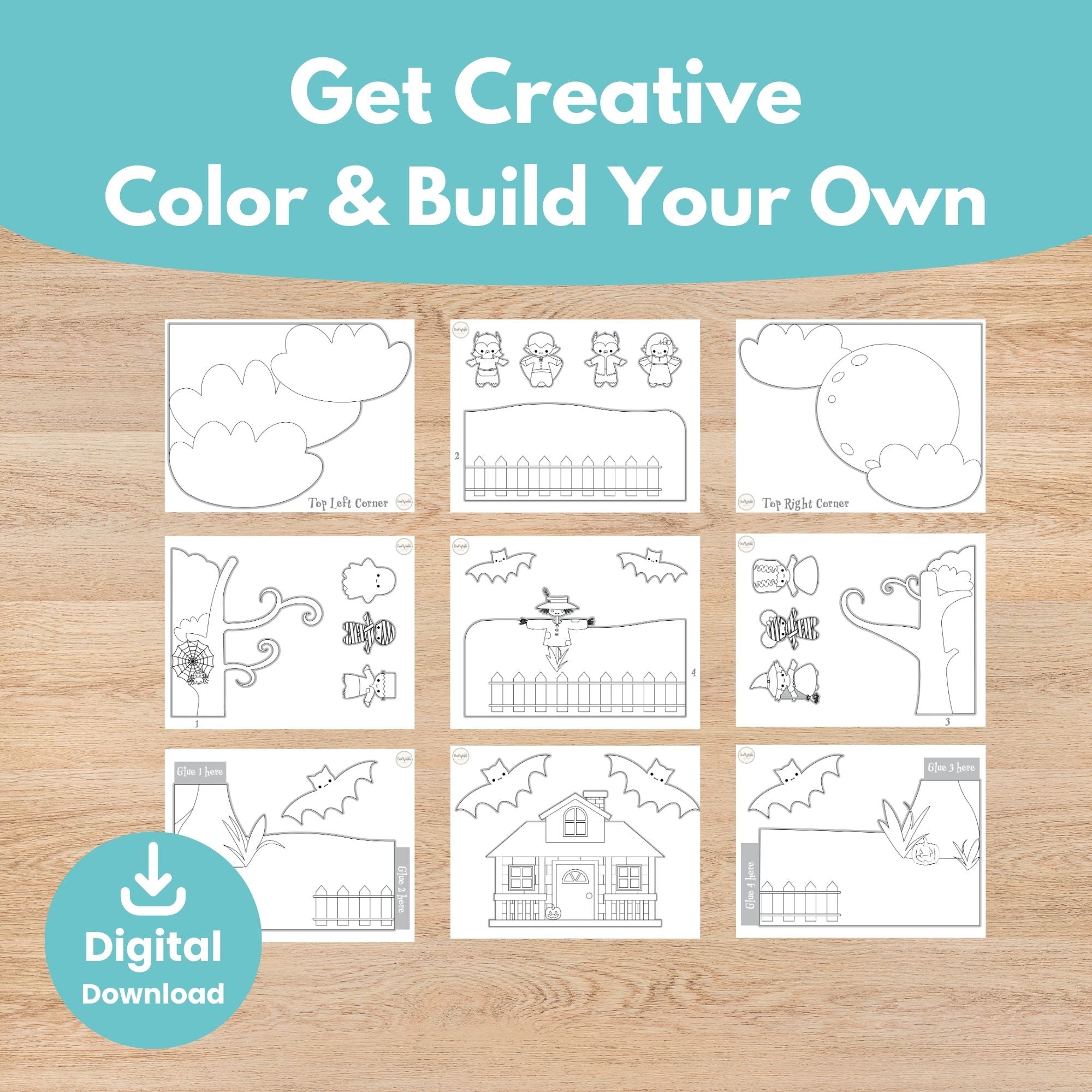 Black and white Halloween bulletin board printable coloring activity for kids | Craftytopia Creations