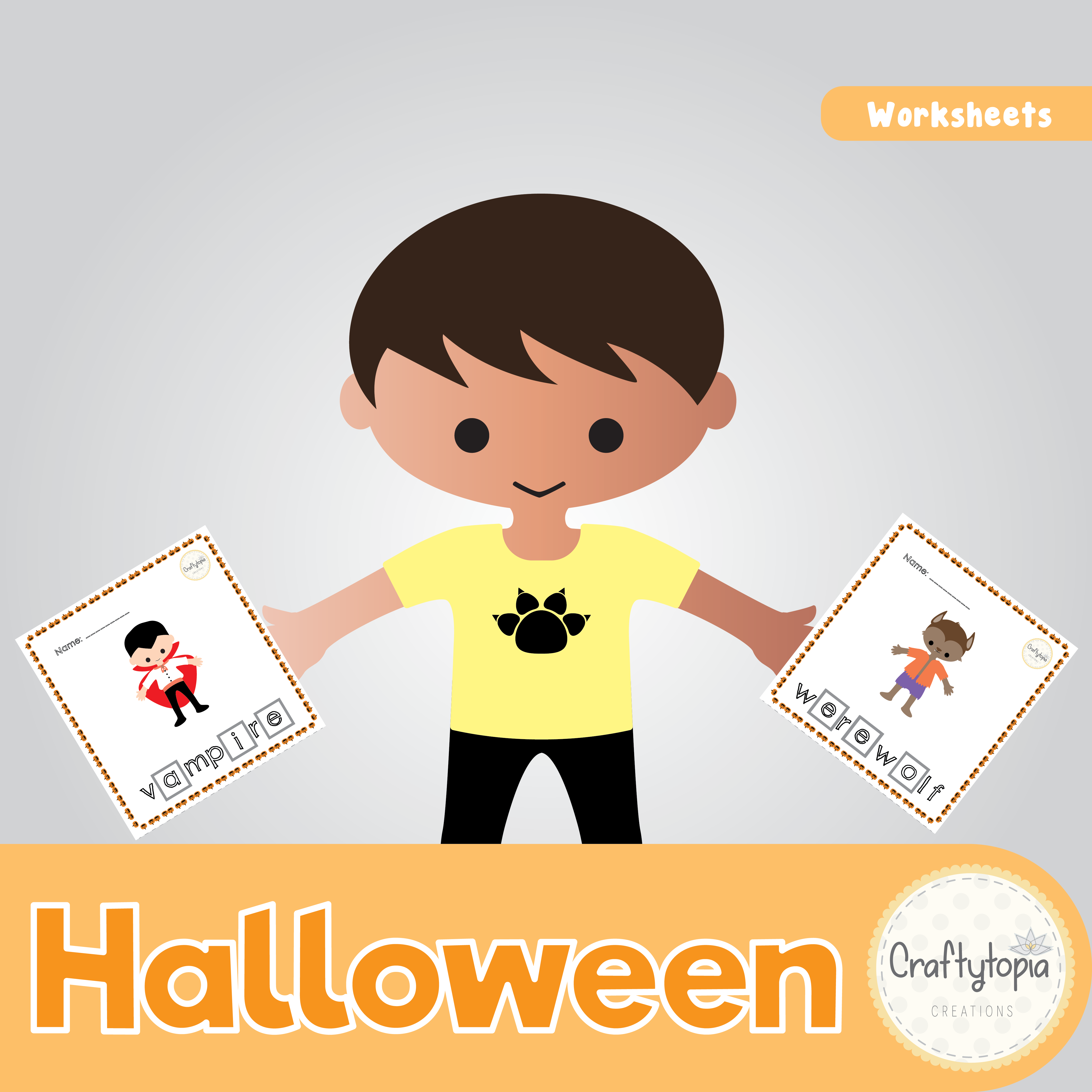 Halloween cut and paste spelling worksheets with witch ghost bat and vampire for kids | Craftytopia Creations