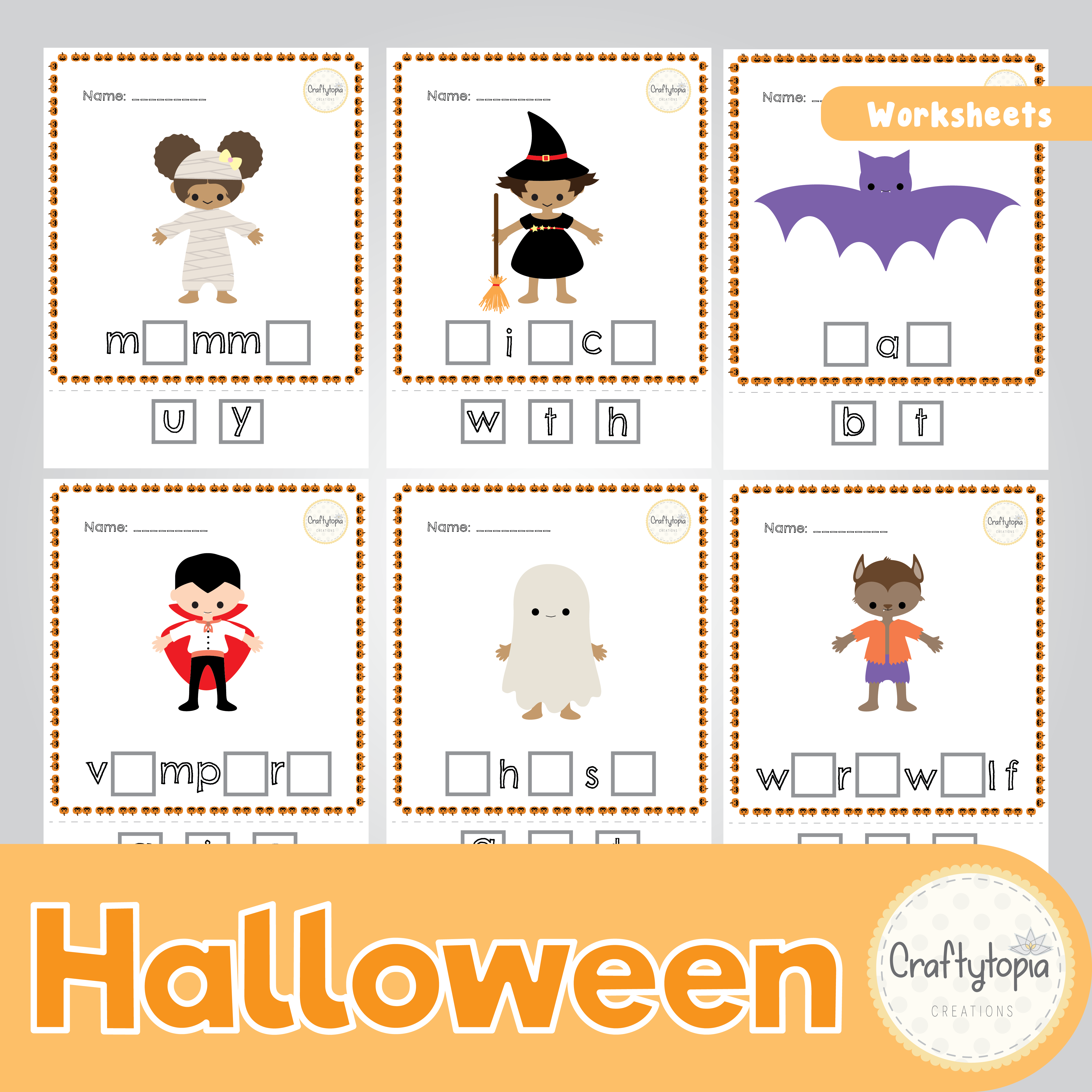 Black and white Halloween vocabulary worksheets printable coloring activity for kids | Craftytopia Creations