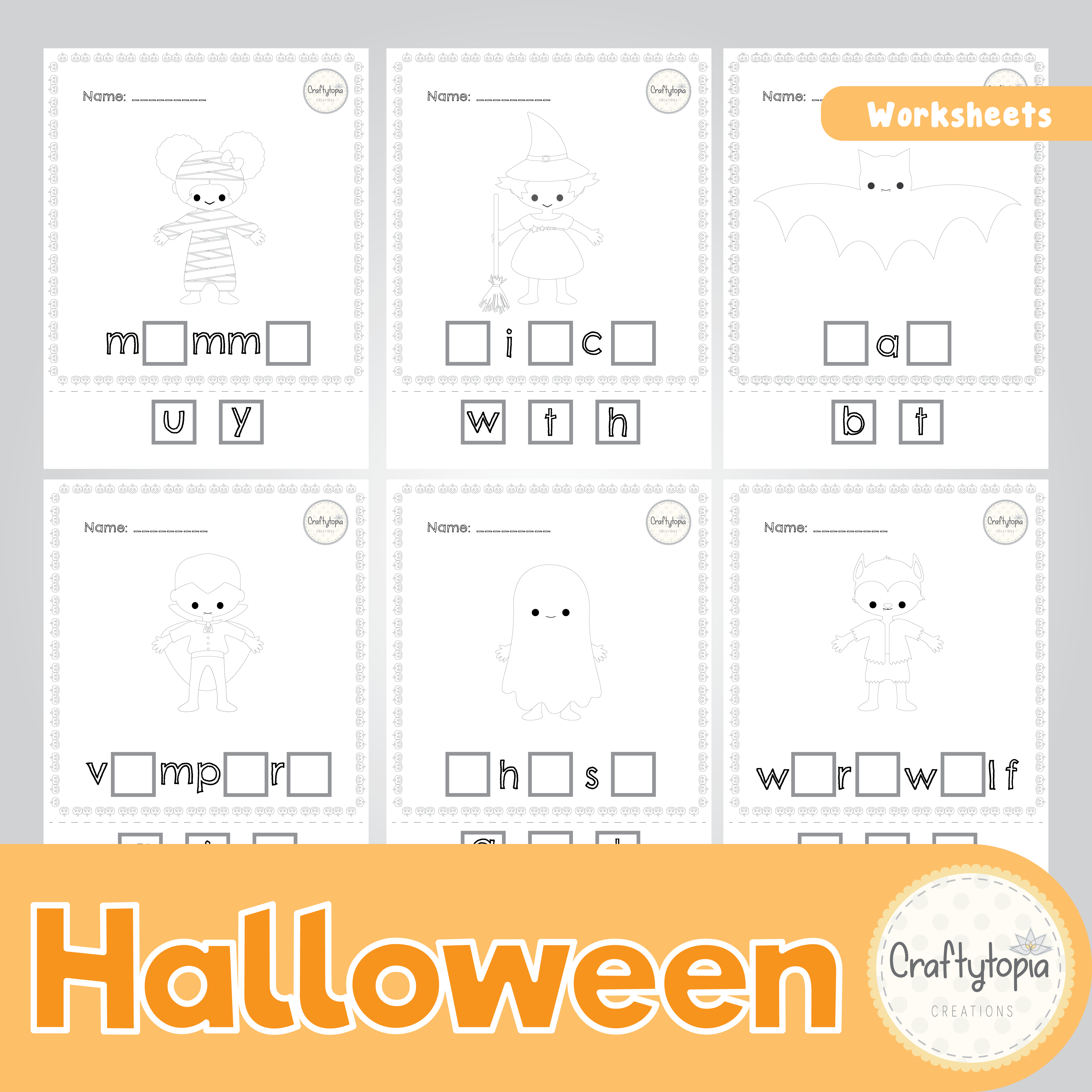 Color version Halloween spelling and vocabulary worksheets for kids | Craftytopia Creations