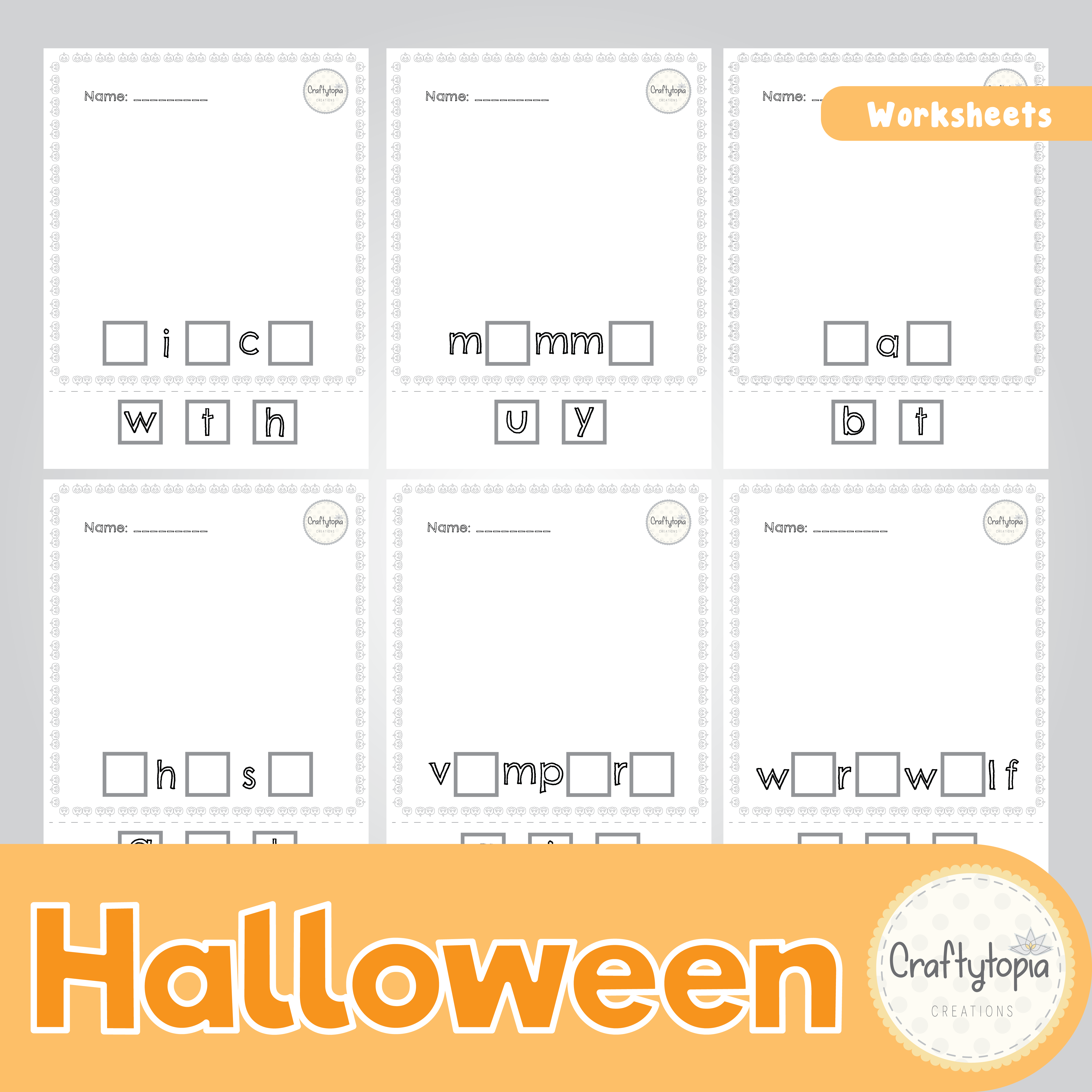 Halloween character vocabulary worksheets printable literacy activity for kids | Craftytopia Creations