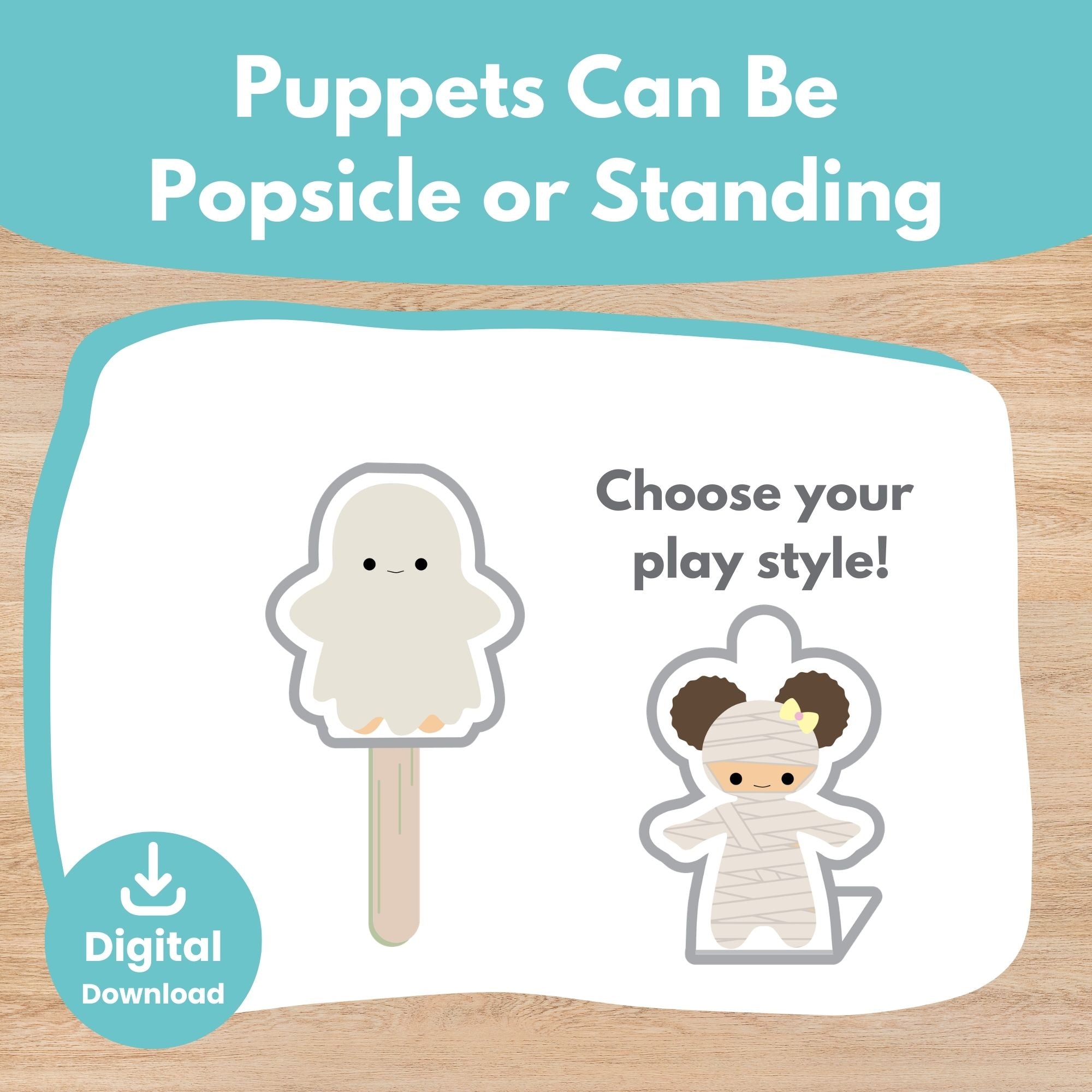 Printable Halloween puppets with ghost witch mummy vampire werewolf and Frankenstein for kids | Craftytopia Creations