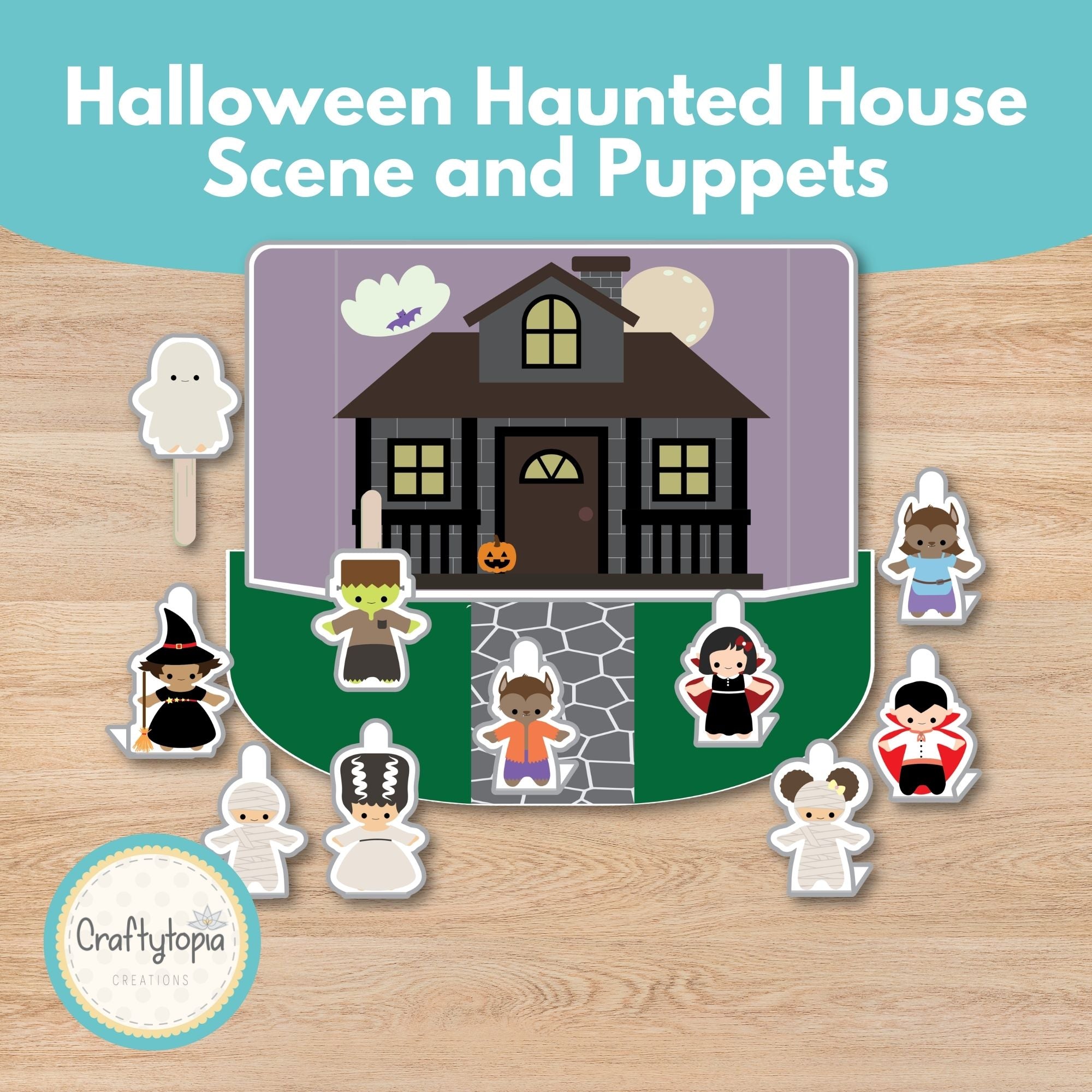 Halloween haunted house scene and puppets printable storytelling activity for kids | Craftytopia Creations