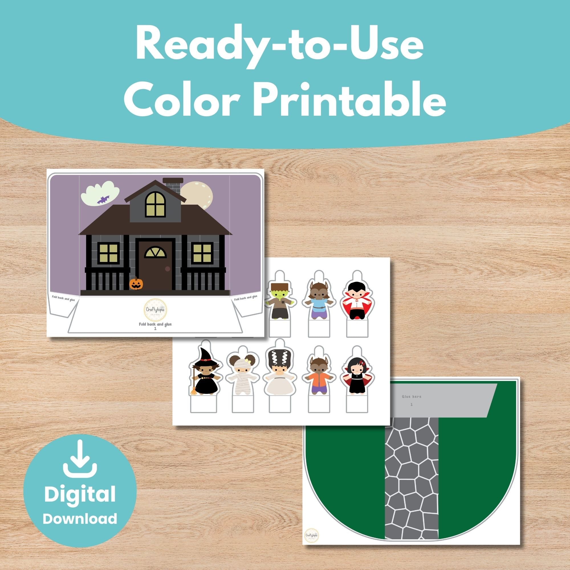 Color version Halloween haunted house printable scene and puppets for kids | Craftytopia Creations