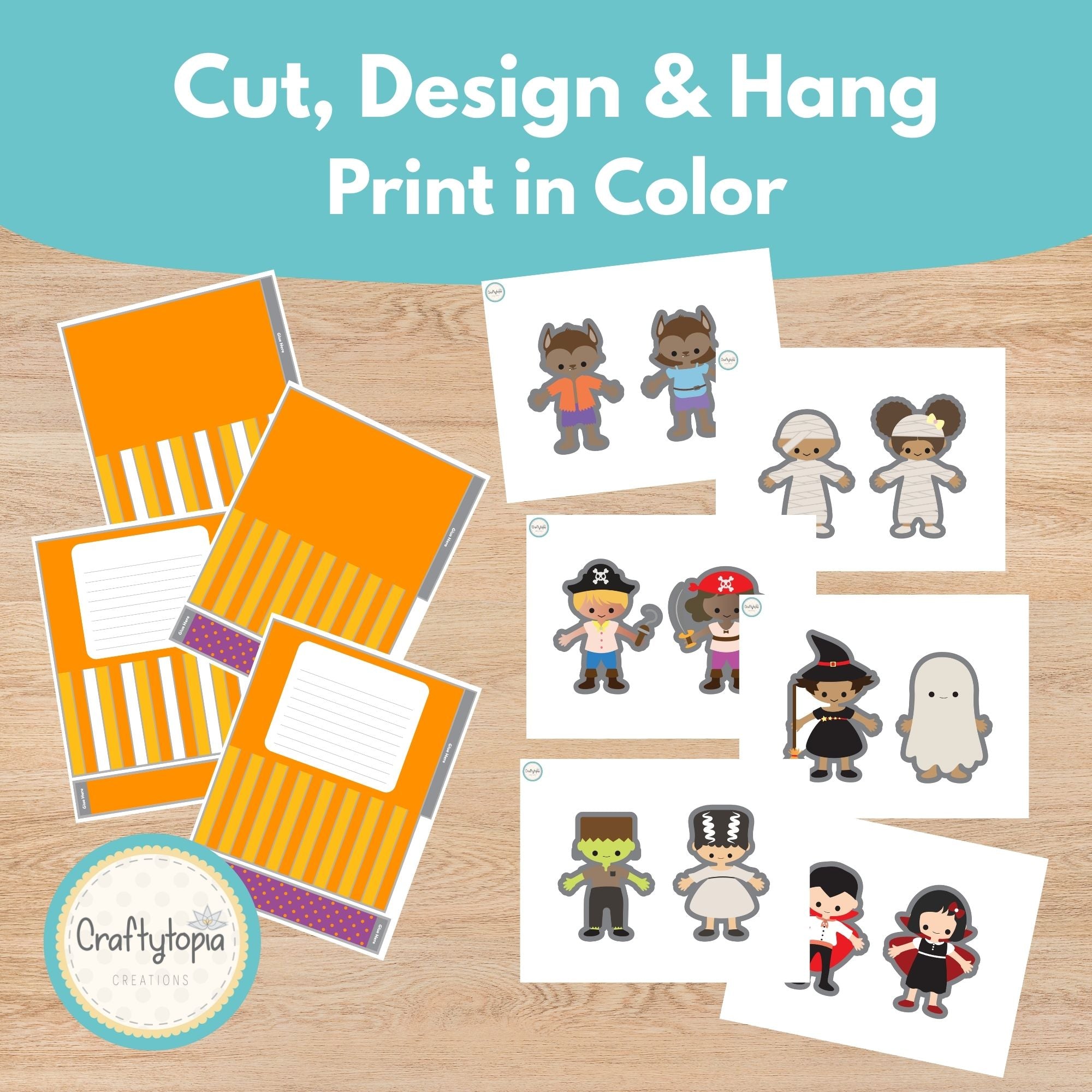 Color Halloween character windsock printable activity for kids | Craftytopia Creations